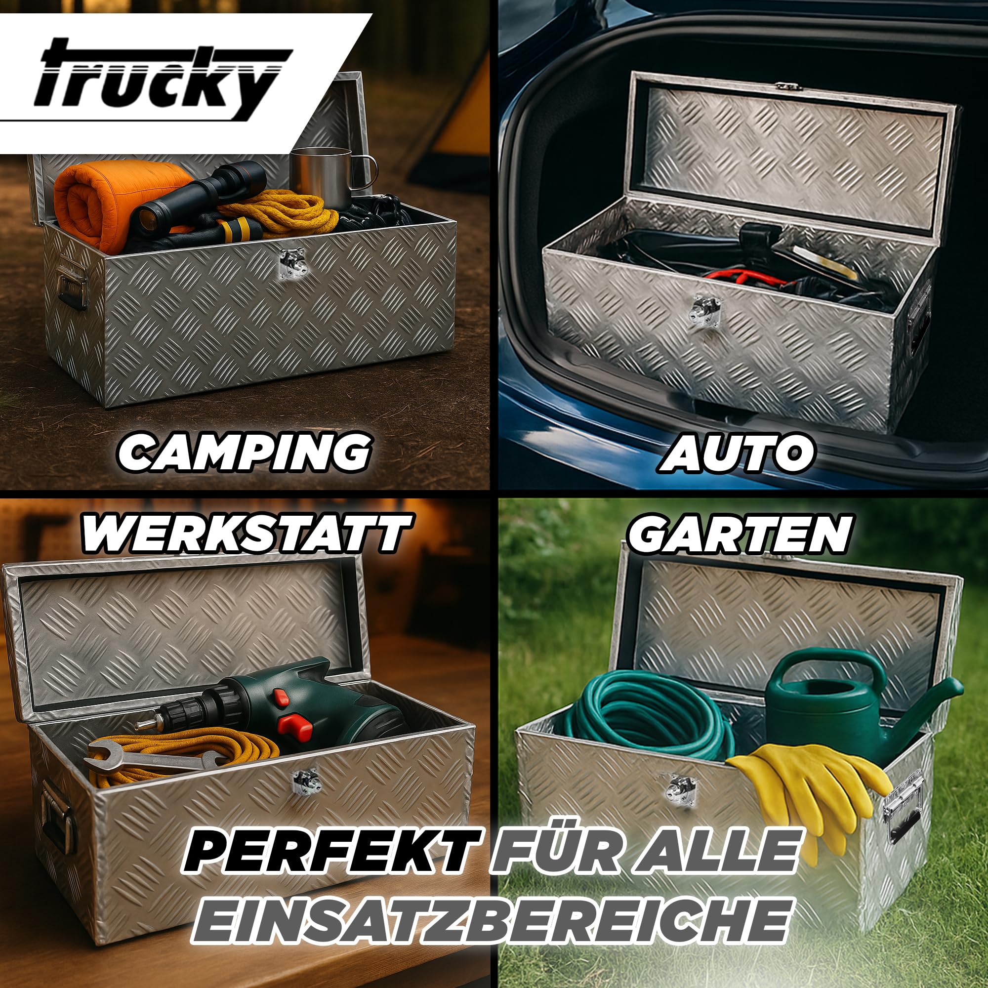 Trucky Skrzynka na samochód z aluminium, model D040, 59 x 25 x 31 cm, zamykana, wytrzymała blacha ryflowana, łącznie z zestawem montażowym, do warsztatu, samochodu, hobby
