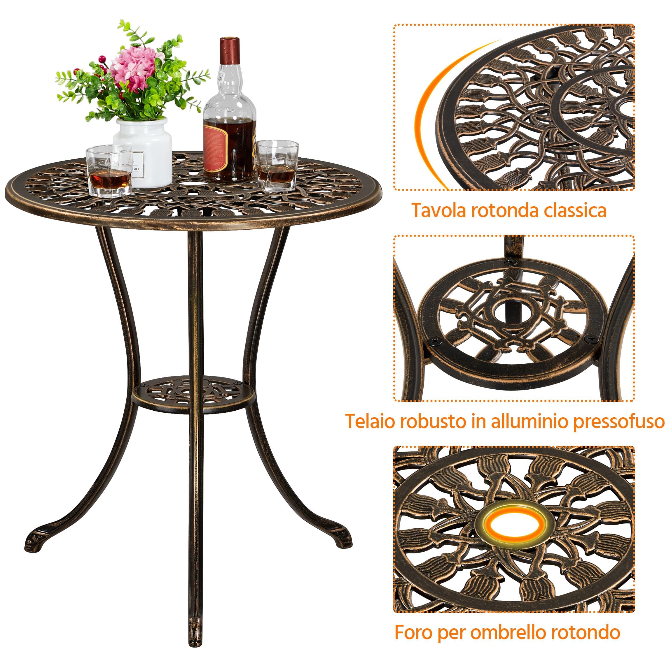 Yaheetech Set di Tavolo e Sedie da Giardino Set Mobili 2 Sedie 3 Pezzi Bistrò Veranda Balcone Motivo a Tulipano Lega di Alluminio Bronzo