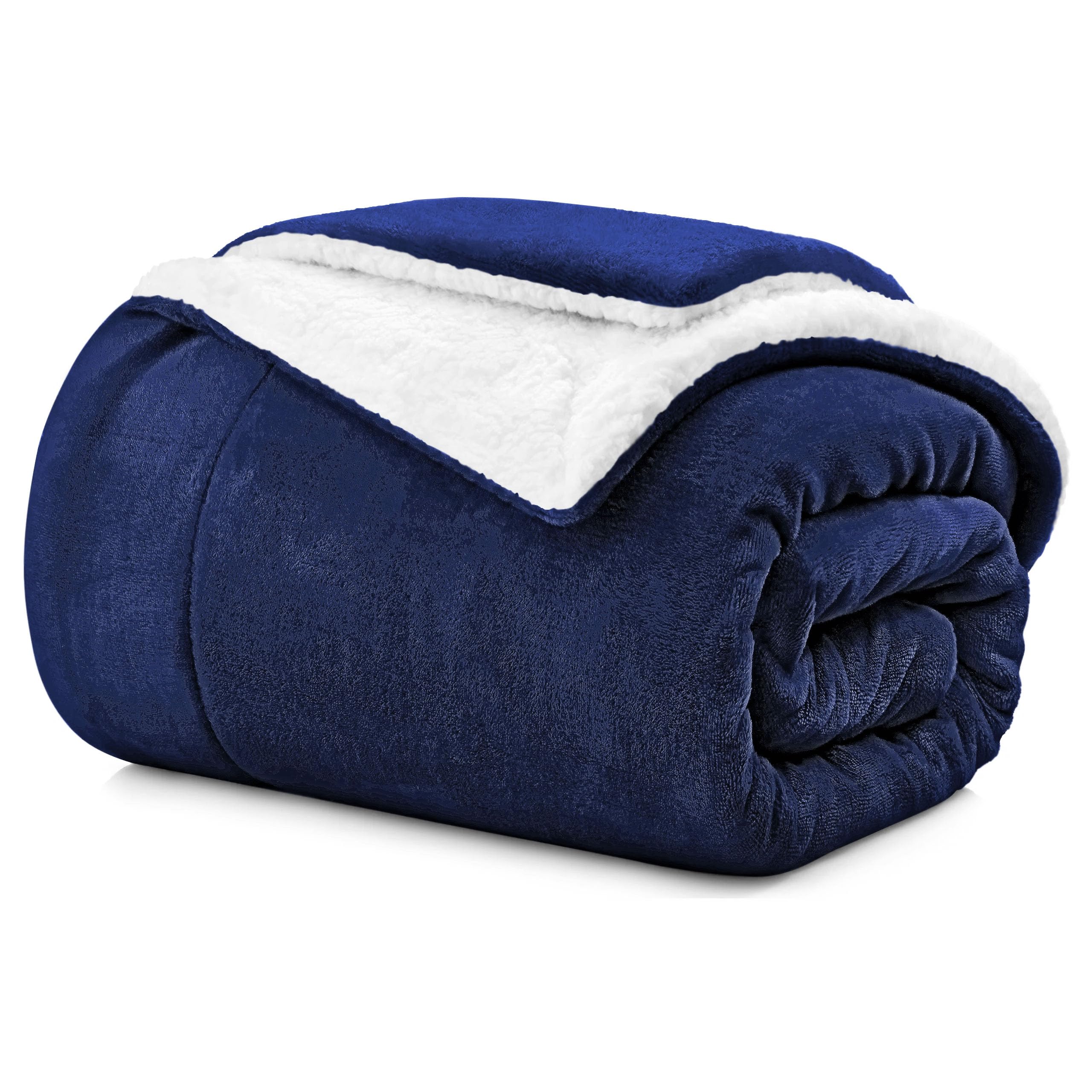 Aspire Homeware Navy Sherpa Fleece Blanket Throws For Sofas - Soft Fluffy Thick Blanket For Bed Reversible Microfiber Sofa Throw (Single, (130 X 150 Cm))