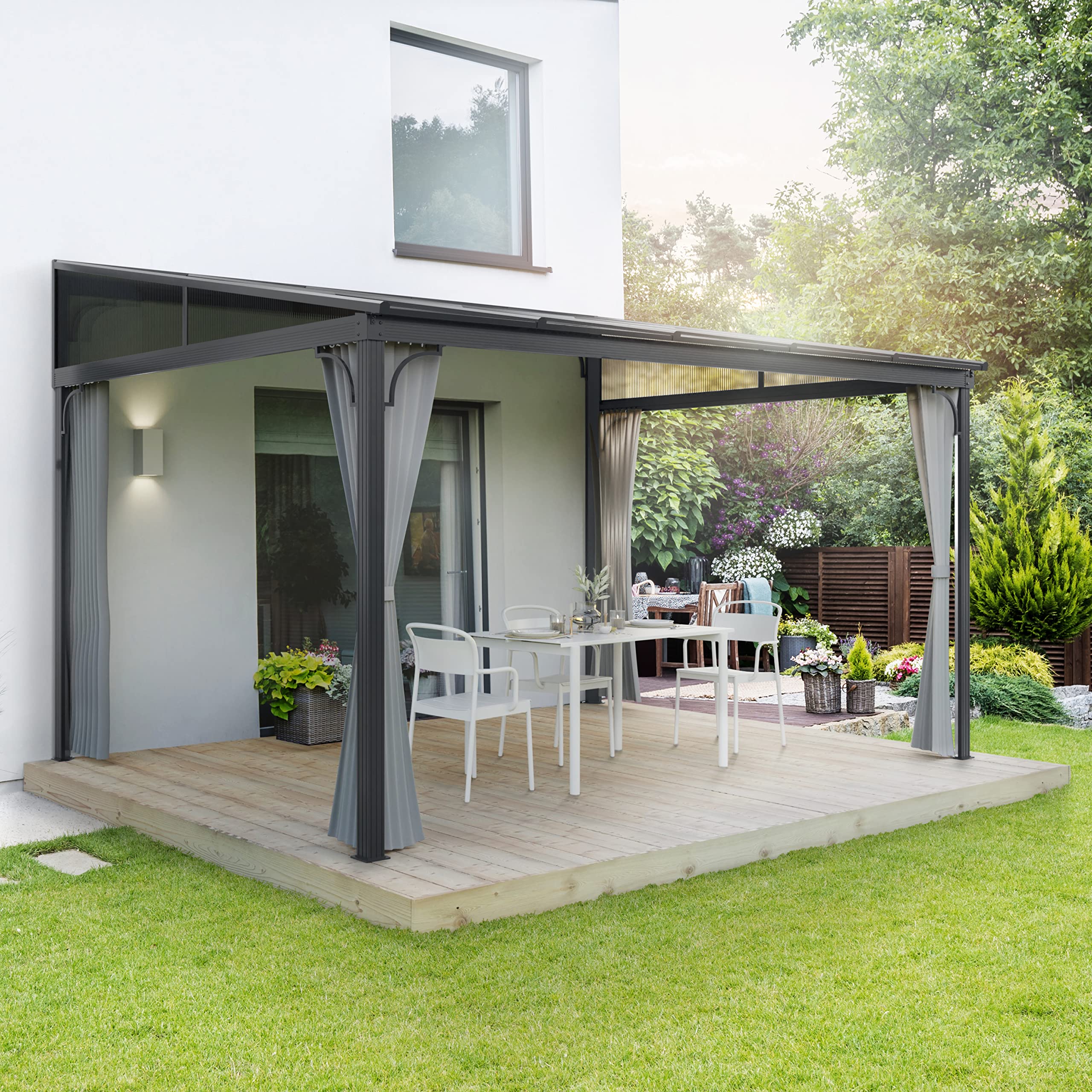 LECO Terrassenüberdachung – freistehende 3 x 4 m Überdachung mit wasserdichtem Hardtop-Dach (Polycarbonat-Doppelstegplatten) und verschließbaren Seitenteilen - lichtgrau
