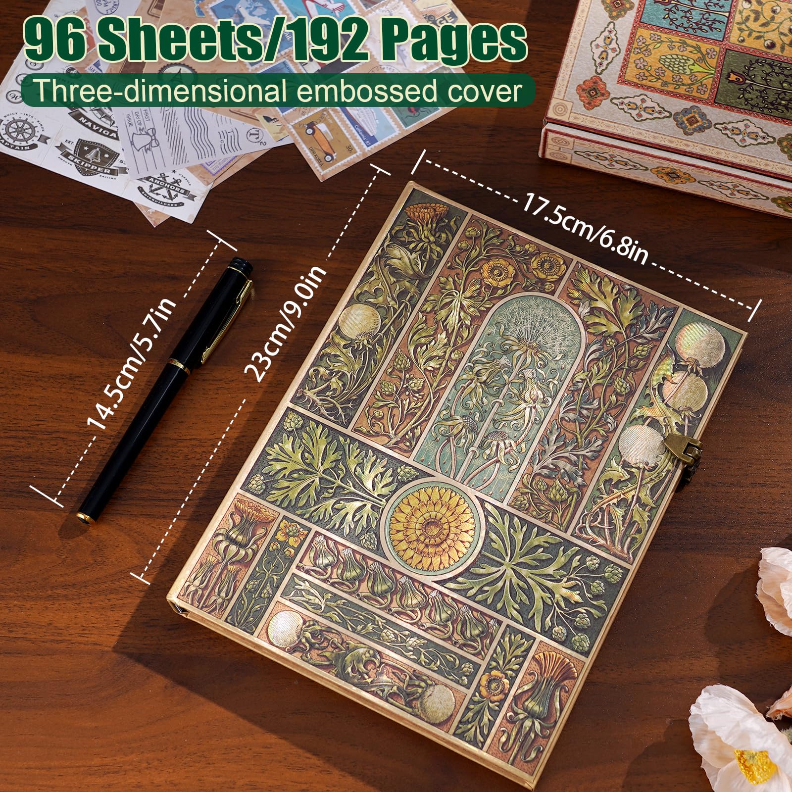 Diario retro de tapa dura con tapa dura en 3D, con páginas interiores de patrón de línea de doble especificación y bolsa de almacenamiento de sobre, se puede utilizar como un cuaderno de viaje