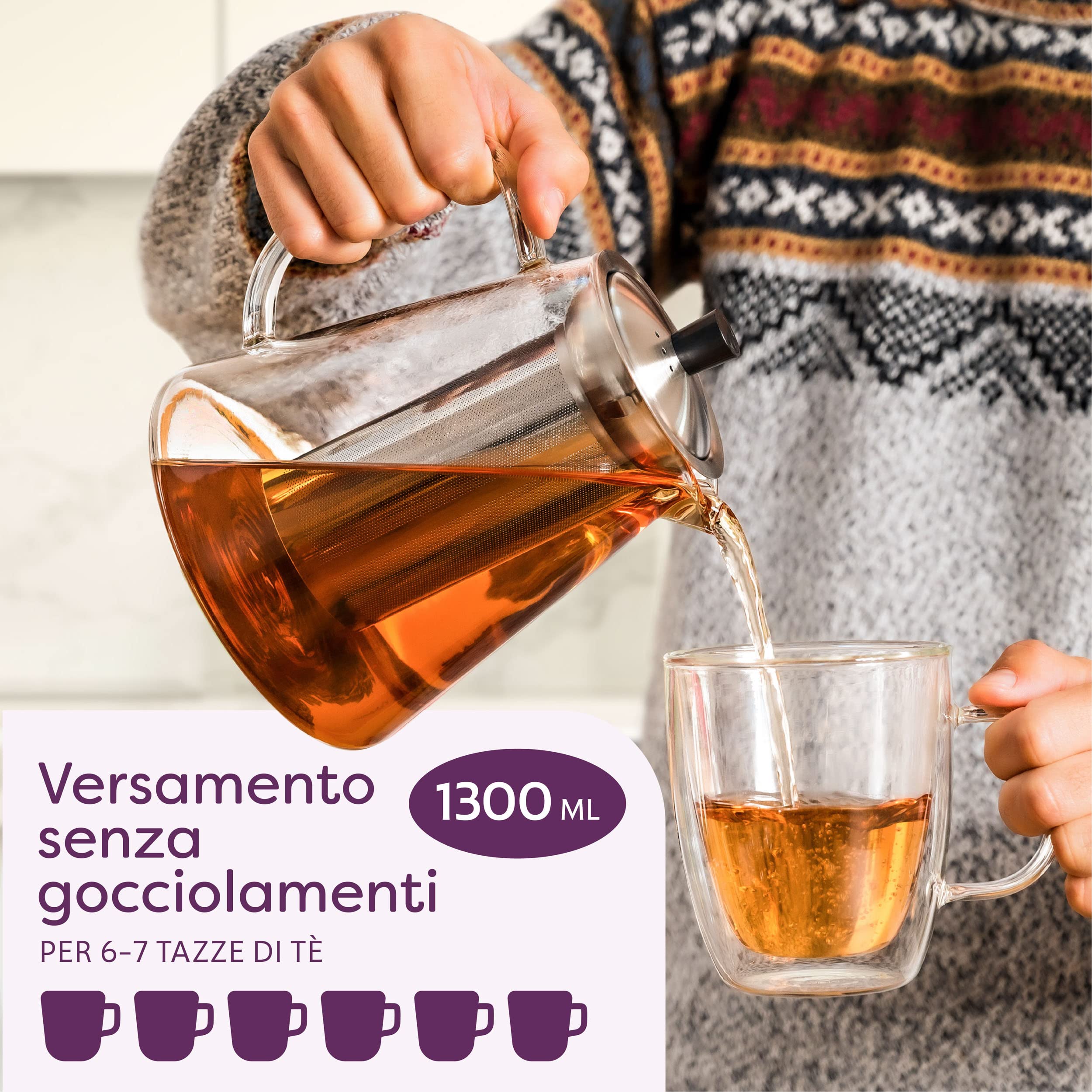 Cosumy Teiera con Infusore in Vetro Borosilicato da 1,3L Grande - Con Sottobicchiere in Bambù - Lavabile in Lavastoviglie