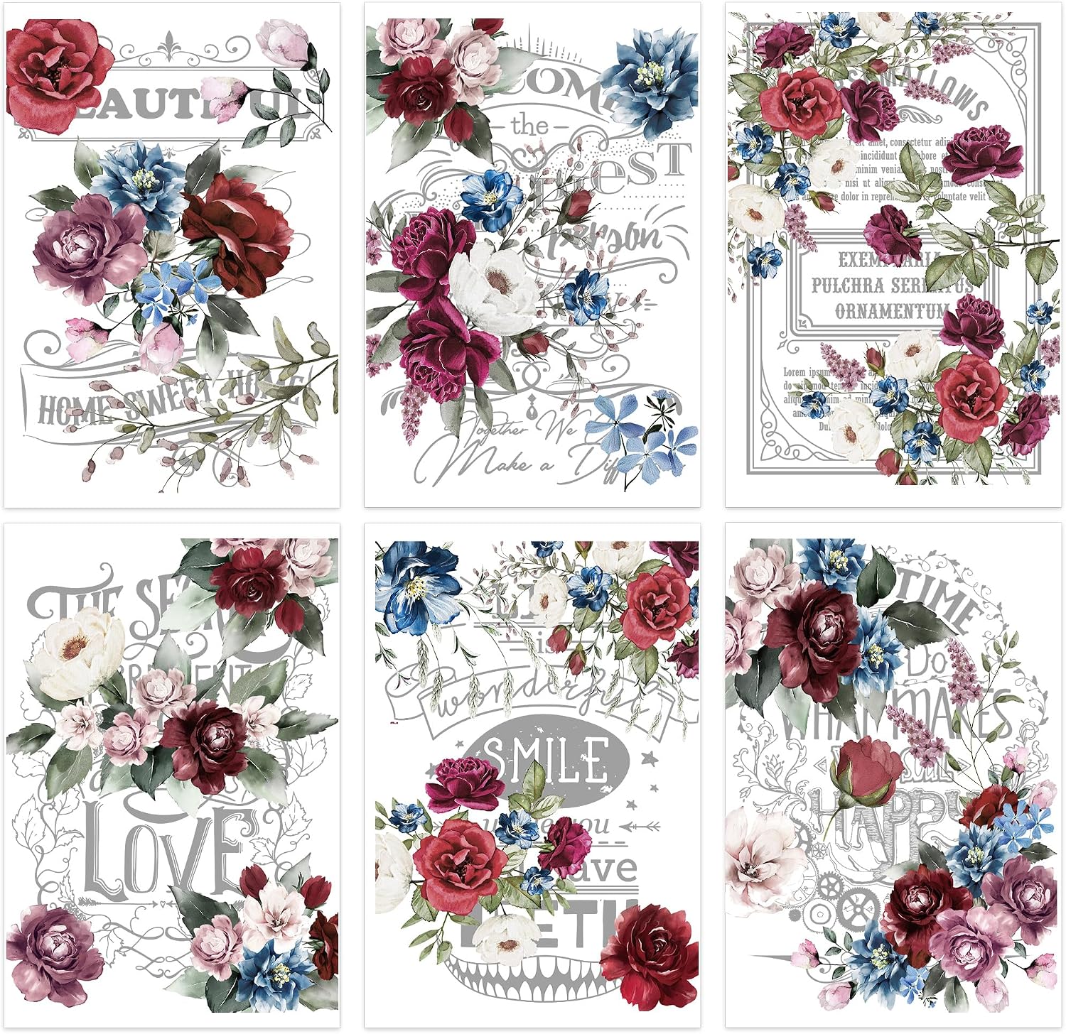 Rub on Transfers for Furniture and Crafts: 6 Pcs Large Vintage Red Floral Rub on Transfer Crafting, Flower UV DTF Sticker Decals, Iod Transfers for Wood Tables Walls DIY Home Decor(8.3×12-in)