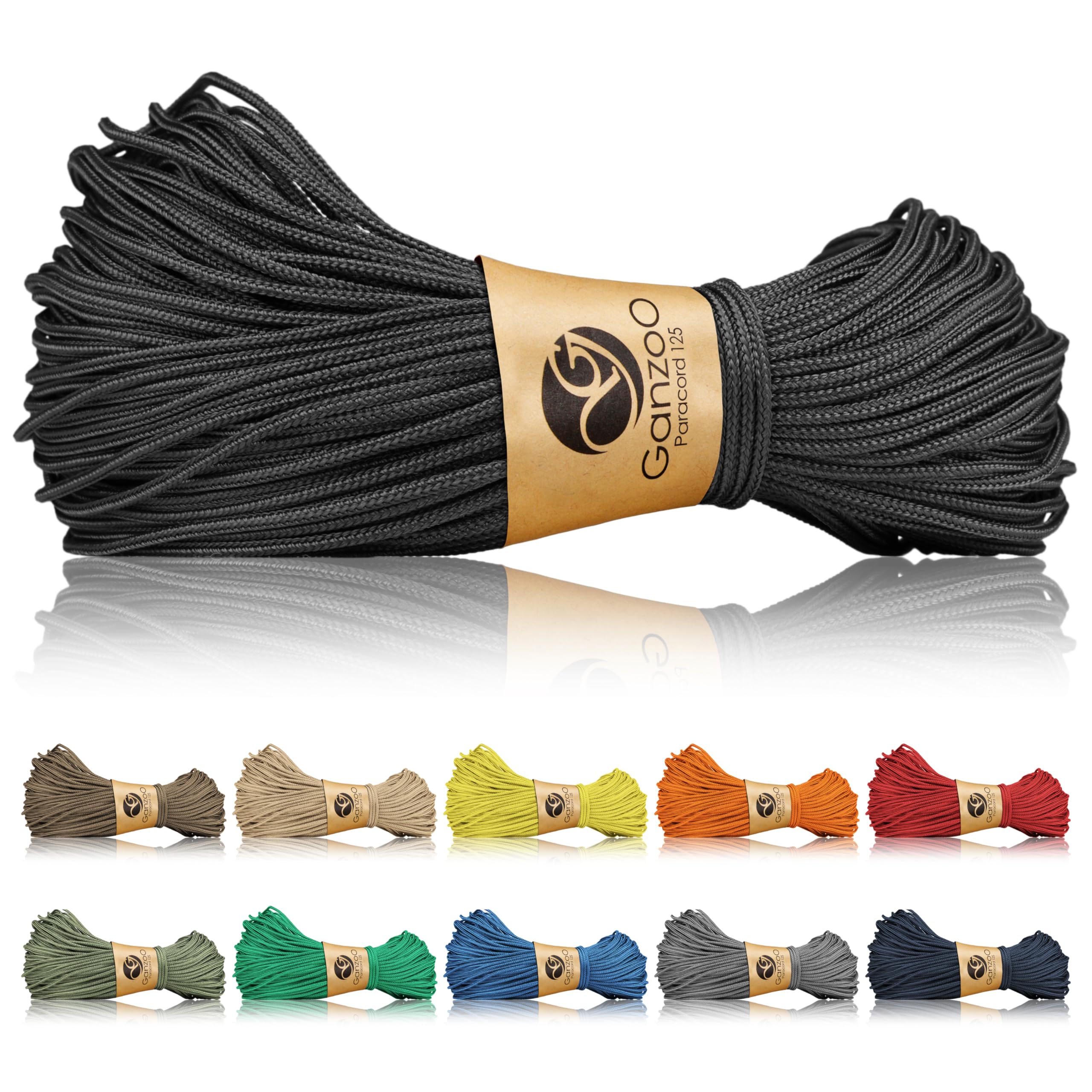 Ganzoo Paracord 125 cordelette tressée 1 mm Nylon Polyester Noire, Corde de gréement pour Bracelet, nouage précis, poignée de Couteau, Collier et Laisse, Rigging, randonnée, Survie