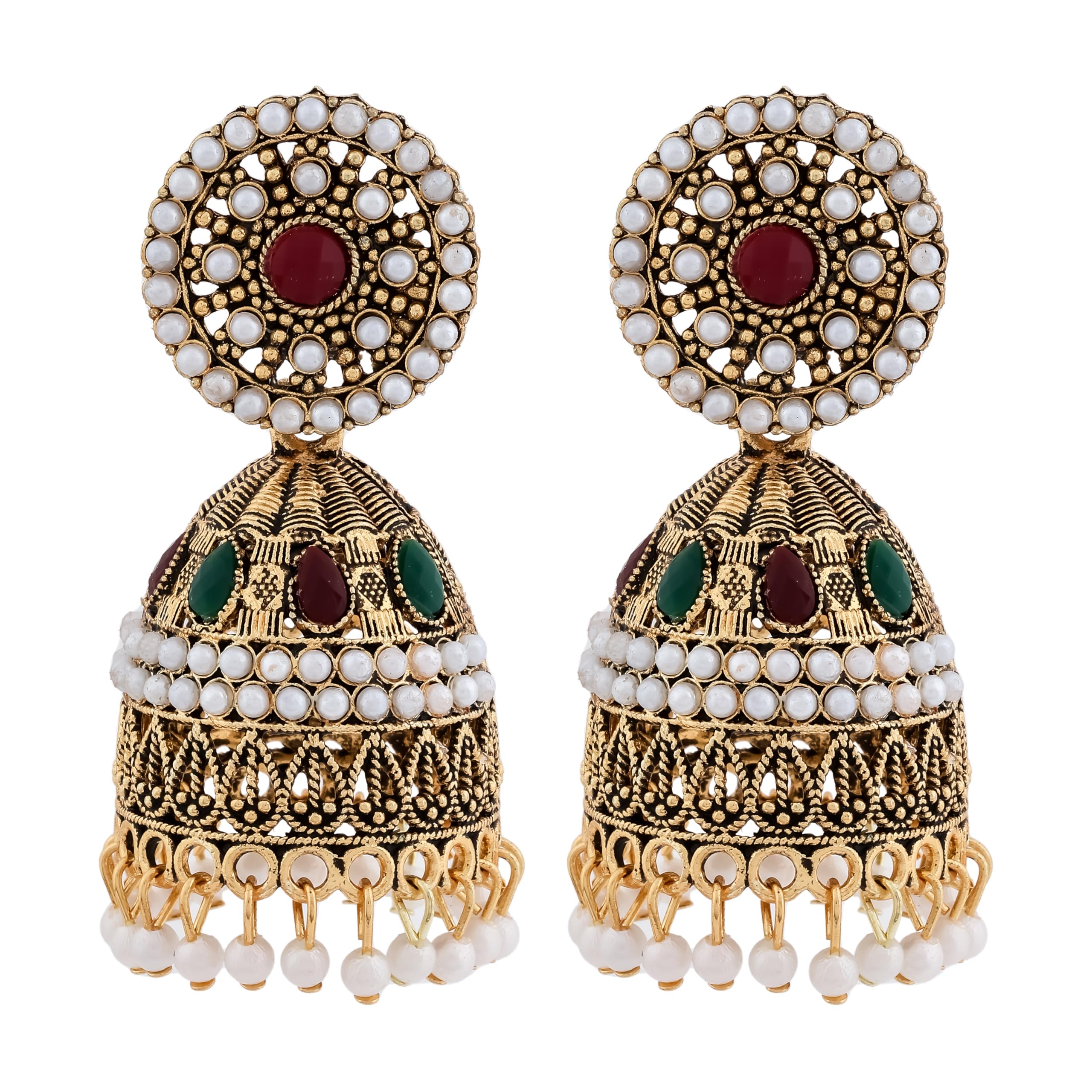 Traditional Jhumki Earrings, Pearl and Gemstone Studded, Brass and Zinc, Gold-Toned-image-0