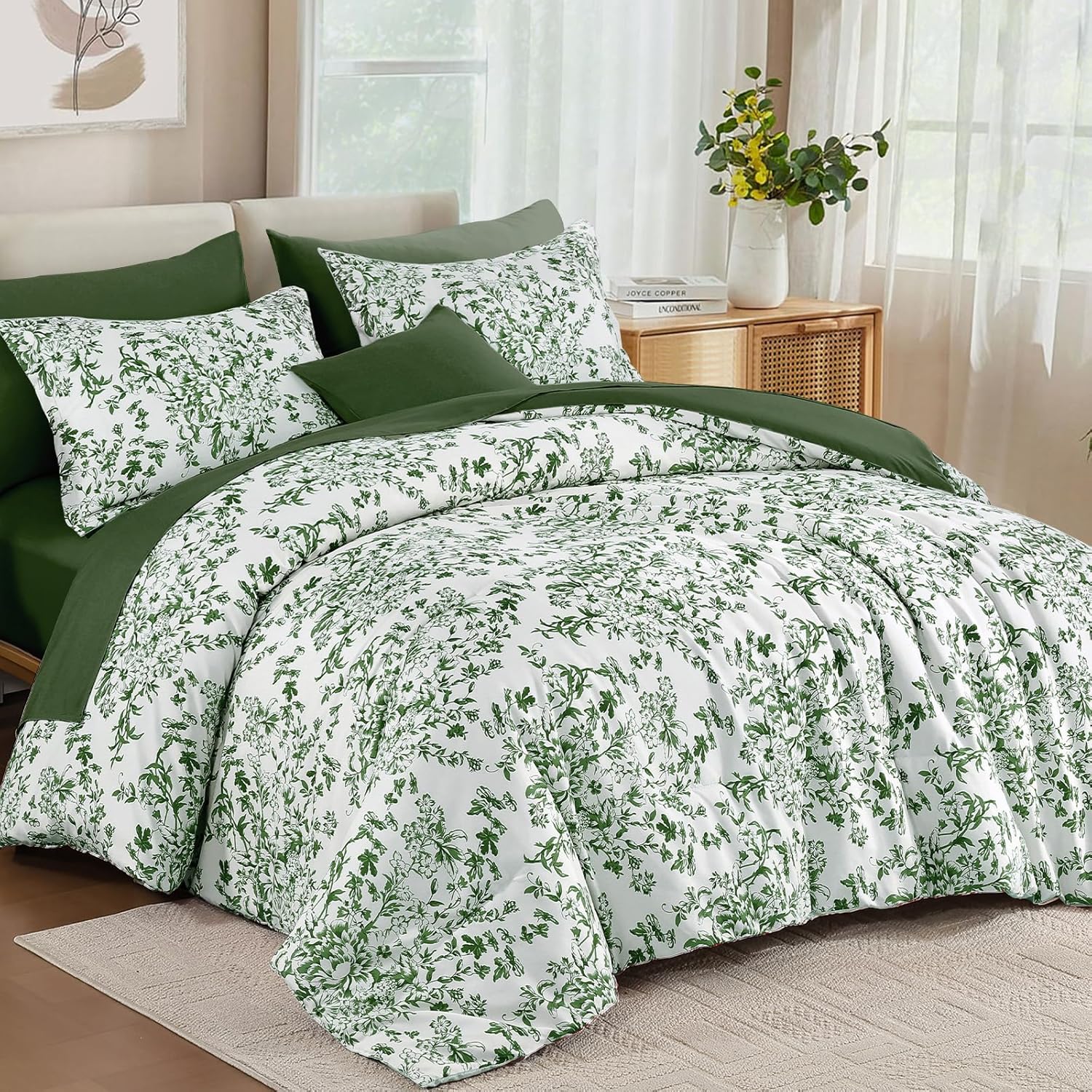 wongs bedding king size comforter set, 8 pieces emerald floral bed in a bag comforter sets, botanical print soft fluffy microfiber complete bedding sets for all season (90"x104") emerald king