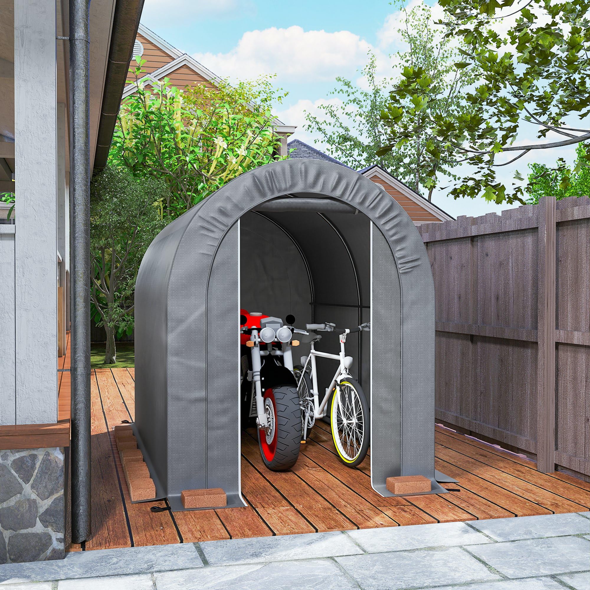 Outsunny Carpa de Jardín Exterior Impermeable 2,4x1,6x1,9 m Gris Claro | Para Herramientas y Bicicletas, Cobertizo Moto, Marco de Acero, Garaje Portátil, Puerta Enrollable con Cremallera