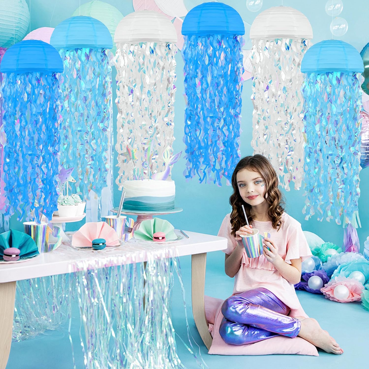 16 pcs Jellyfish Paper Lanterns Ocean Birthday Party Decorations with Hooks and Ropes