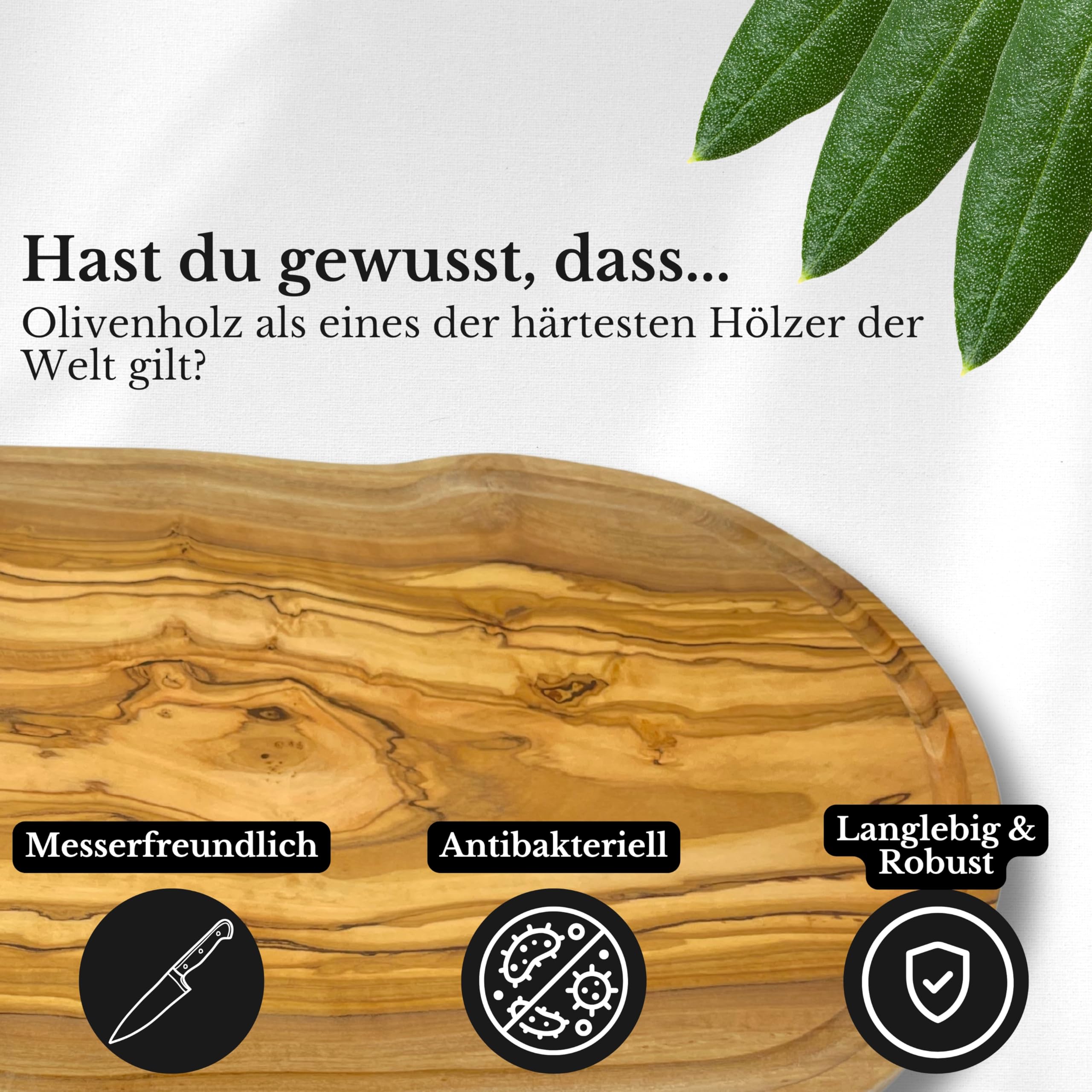 Schneidebrett aus 100% Olivenholz - massives Olivenholzbrett antibakteriell - Steakbrett Holz mit Saftrille - alternative zu Schneidebrett Kunststoff (40-44cm)