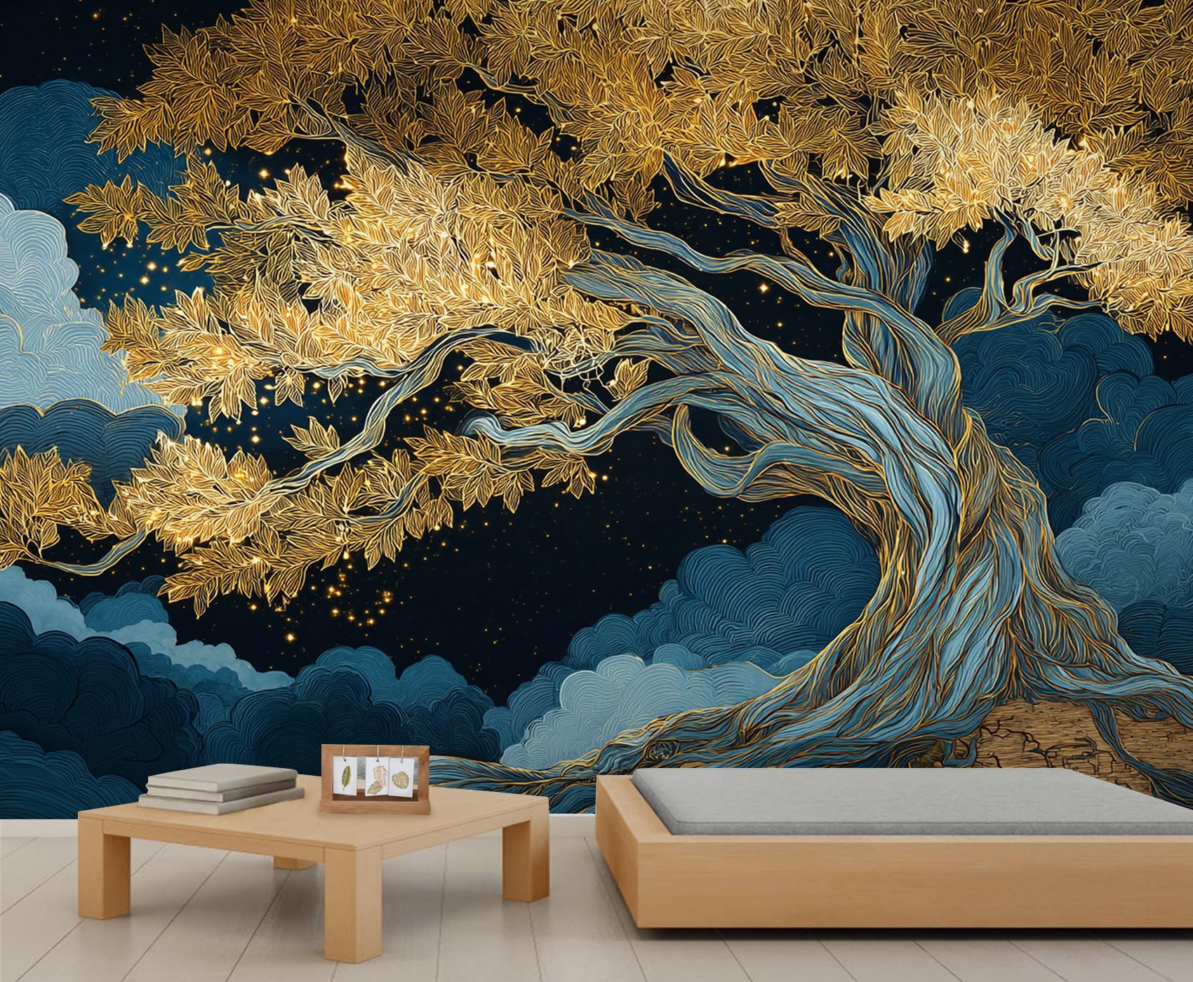 Fantasy Golden Tree Mural Tree of Life 3D Wall Mural Blue Starry Clouds Murals Mythical Tree Wallpaper Light Luxury Botanical Wallpaper for Living Room Bedroom 250 x 175 cm