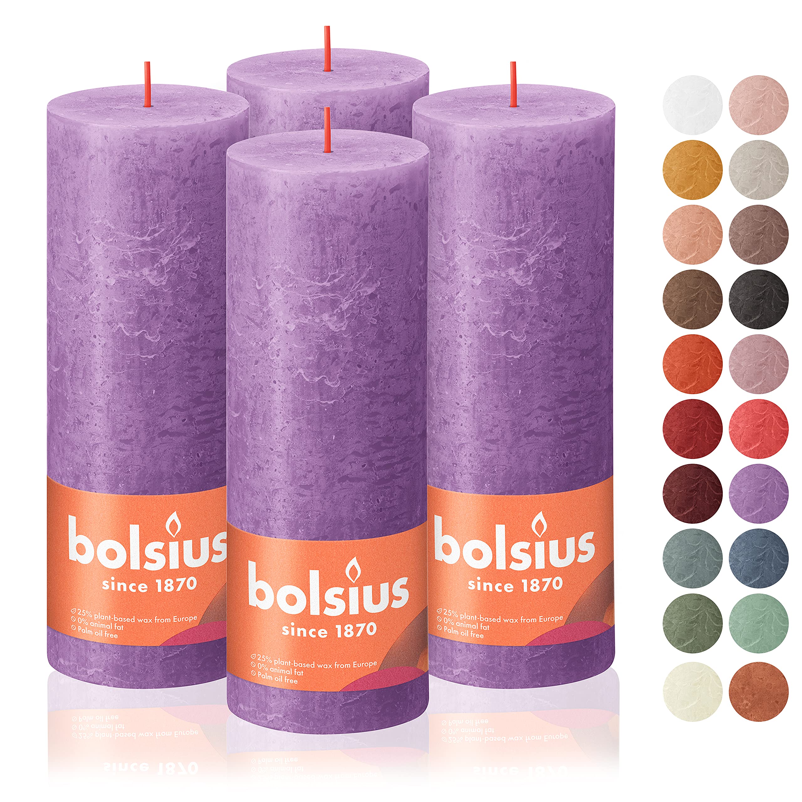 bolsius 4 pack vibrant violet (purple) rustic pillar candles - 2.75 x 7.5 inches - premium european quality - includes natural plant-based wax - unscented dripless smokeless 85 hour party candles
