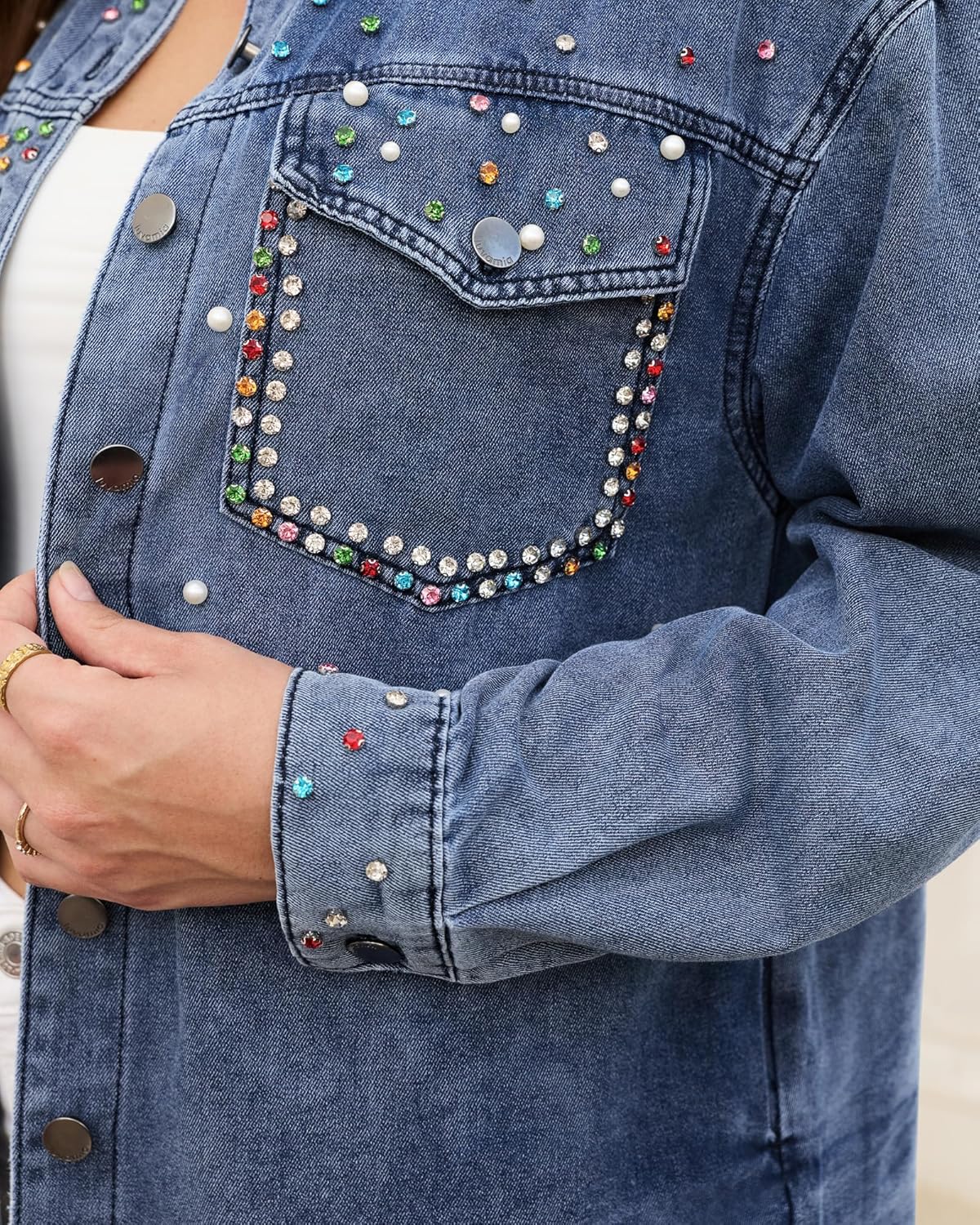 luvamia Jean Jacket Women Trendy Rhinestones Pearls Embellished Sparkly Frayed Hem Oversized Denim Jackets with Pockets - Image 4