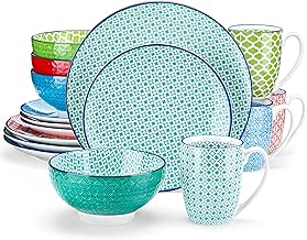vancasso Macaron Dinnerware Set 16 Pieces Porcelain Dinner Set - Multicolour Japanese Dinner Service Mediterranean Crockery with Dinner Plate, Dessert Plate, Cereal Bowl and Mug, Service for 4