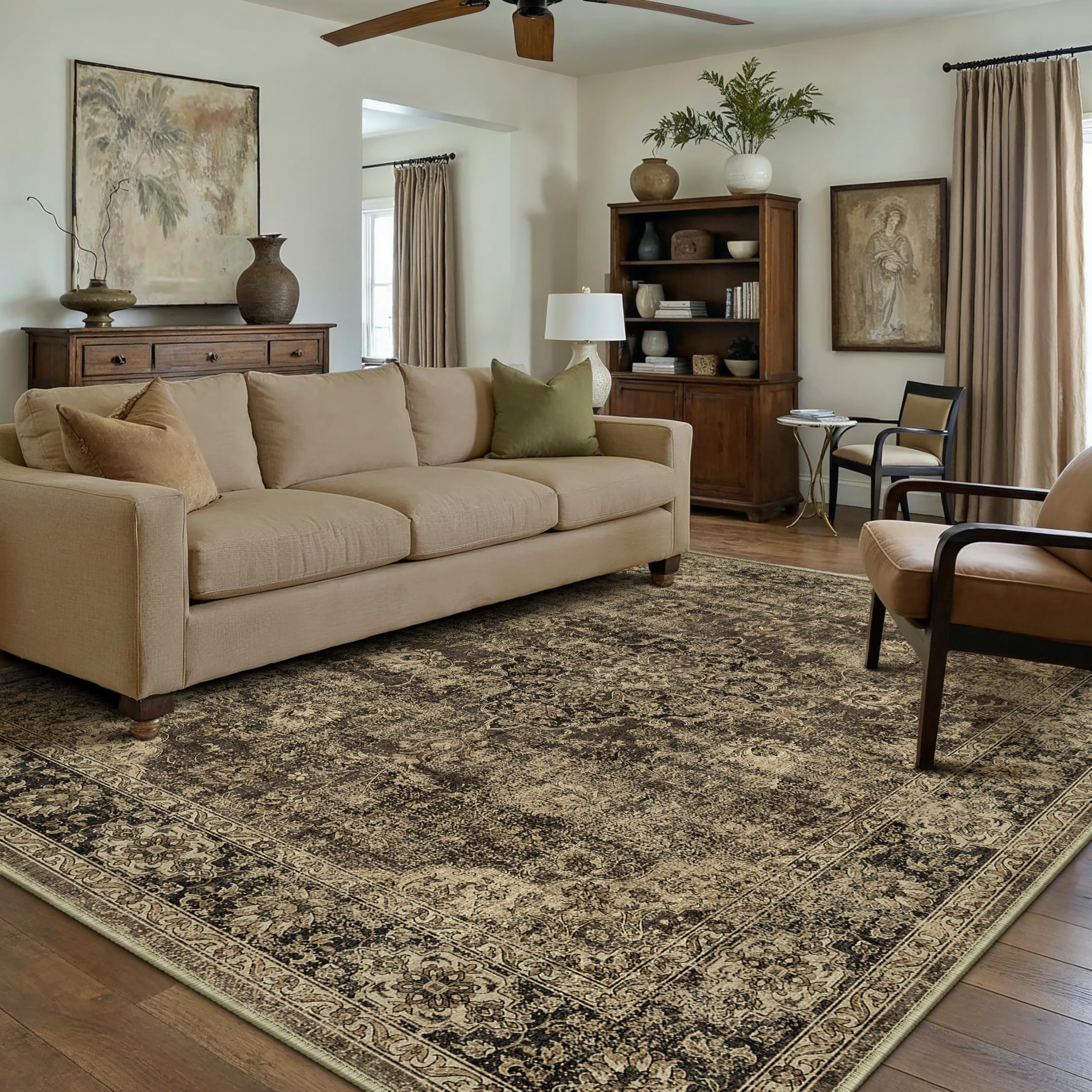 HUGEAR Retro Brown Area Rug 8x10 Machine Washable Living Room Rugs Distressed Vintage Floral Low Pile Carpet Bedroom Office Dining Room Laundry Room Non Slip Soft Lightweight