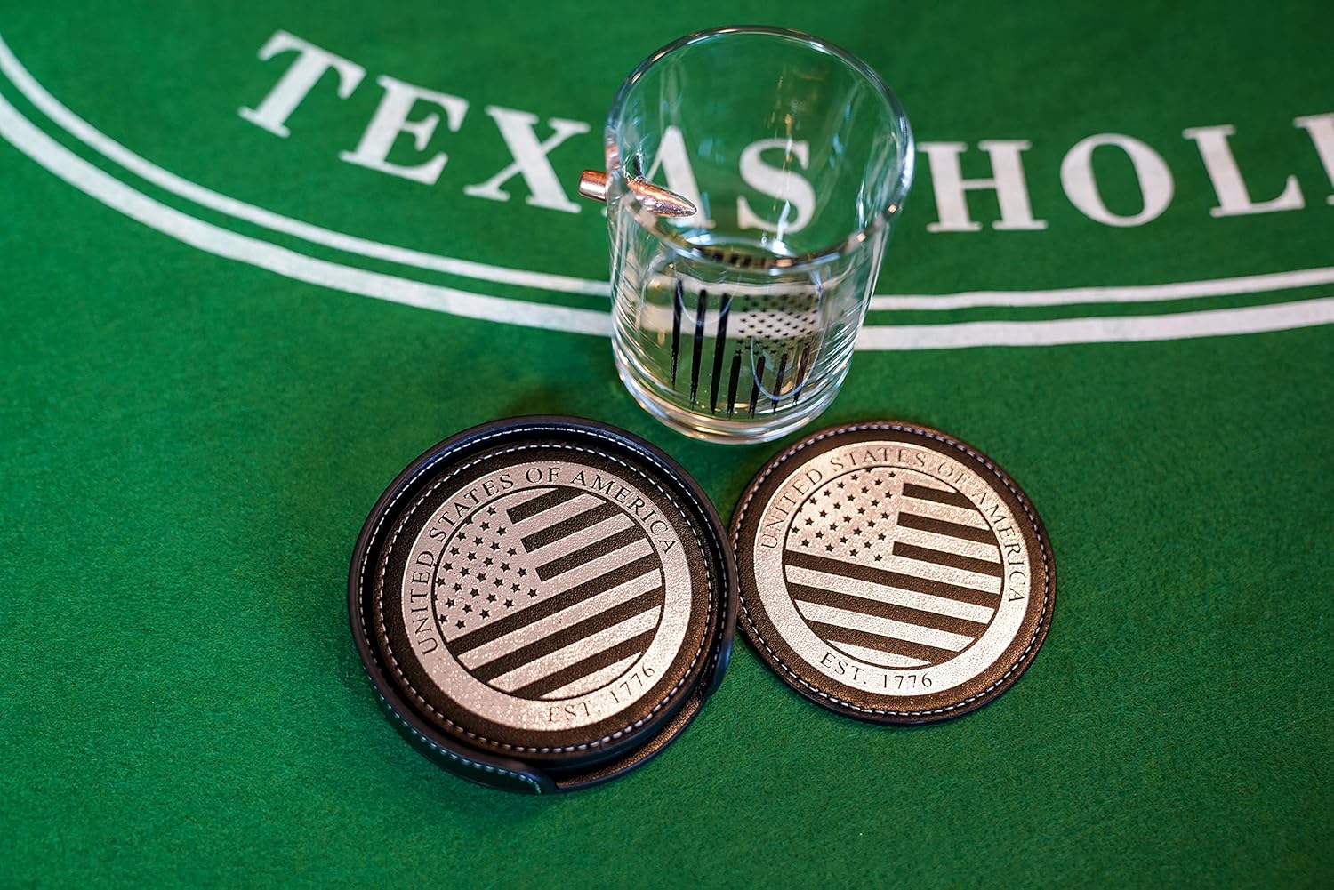 Premium American Flag Leather Coasters Set with Foil Stamped Logo - 4 USA Drink Coasters for Home, Bar Office | Flag Leather Coasters - Image 2