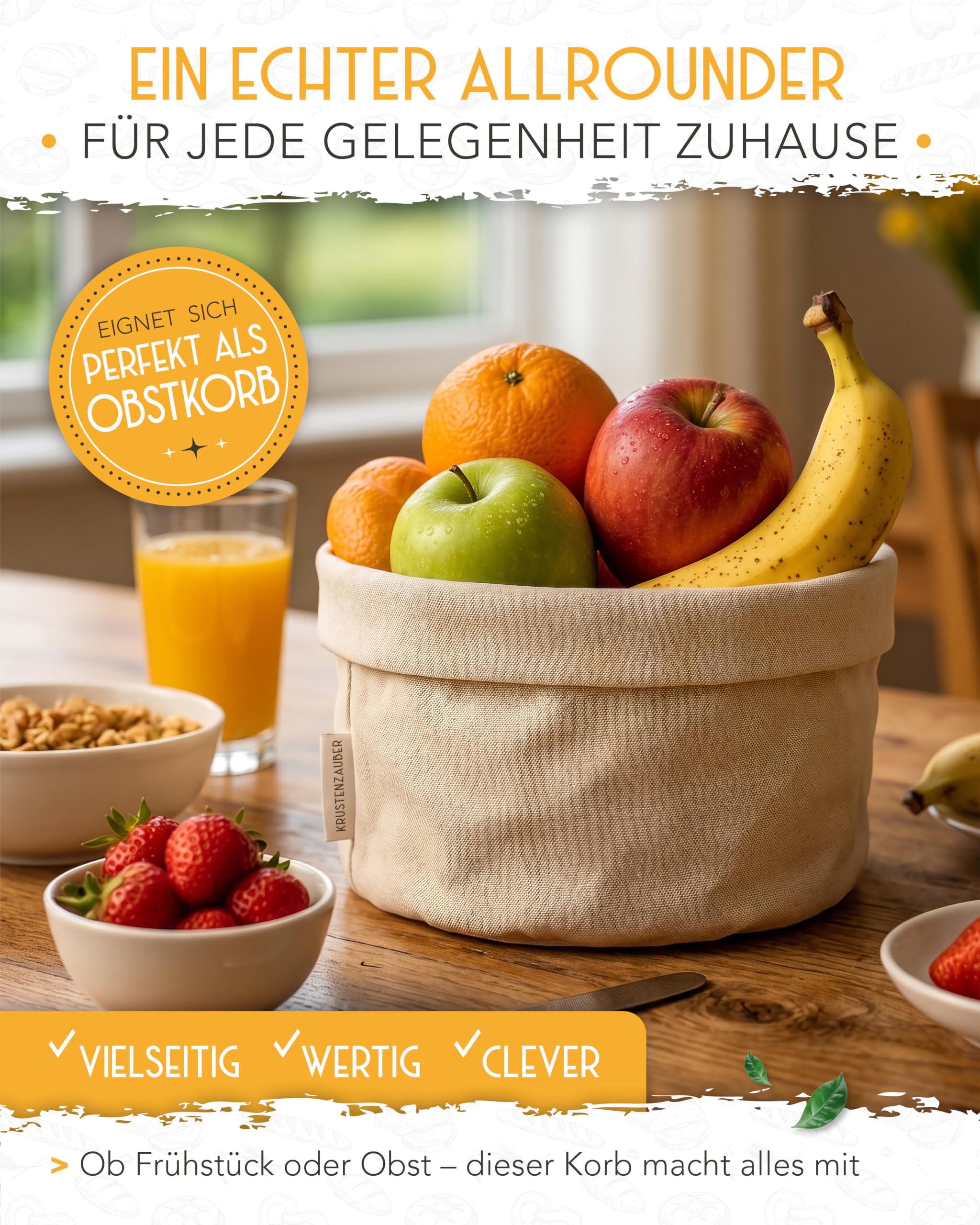 KRUSTENZAUBER Nowoczesny koszyk na pieczywo ze 100% bawełny – nadający się do prania koszyk na chleb i bułki, średnica 20 cm, do przechowywania chleba, śniadania, kuchni i stołu, praktyczny i stylowy