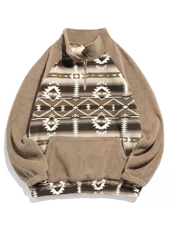 ZAFUL Men 1/4 Zipper Sweatshirt Ethnic Aztec Printed Kangaroo Pocket Fall Winter Pullovers Jacket Unisex Hoodie Tops (C-Light Coffee M) by ZAFUL - Used condition - US$18.31