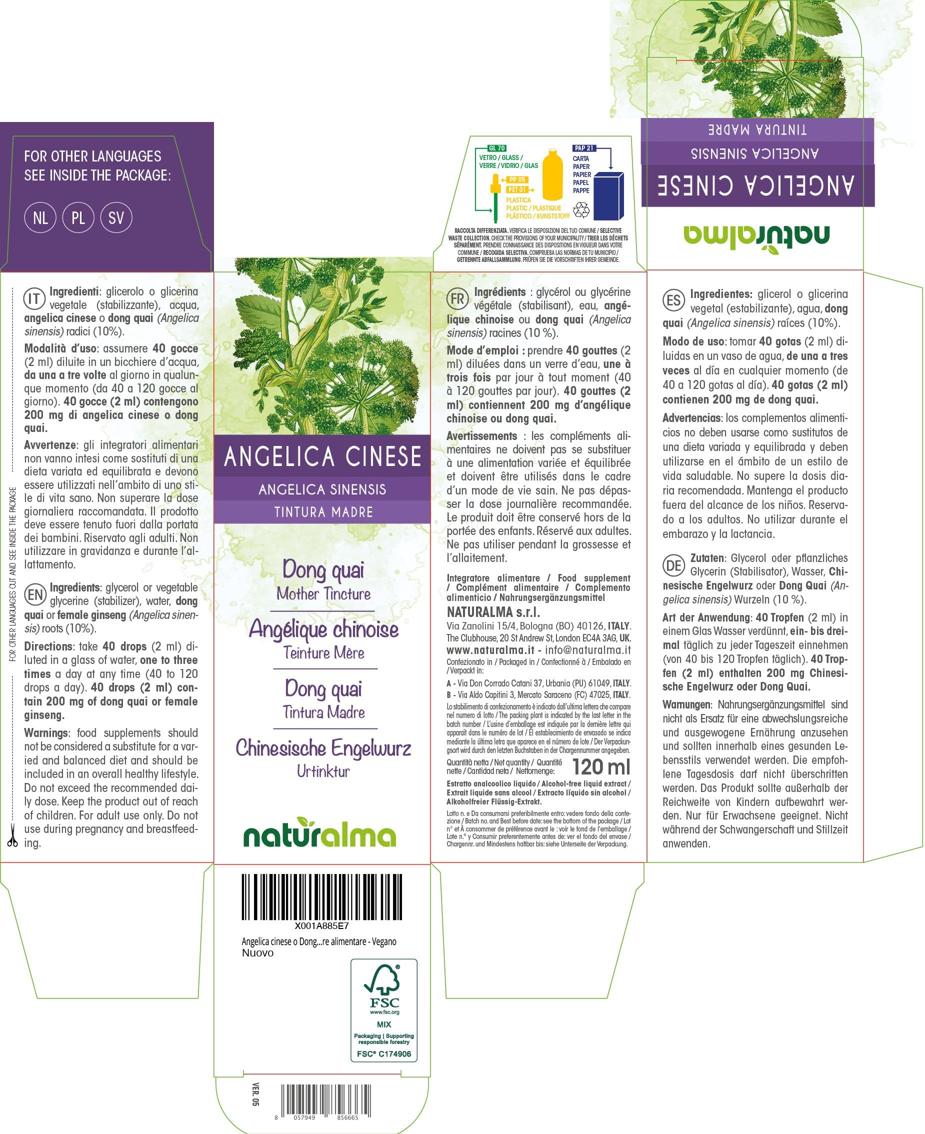 Angelica cinese o Dong quai (Angelica sinensis) radici Tintura Madre analcoolica Naturalma - Estratto liquido gocce 120 ml - Integratore alimentare - Vegano