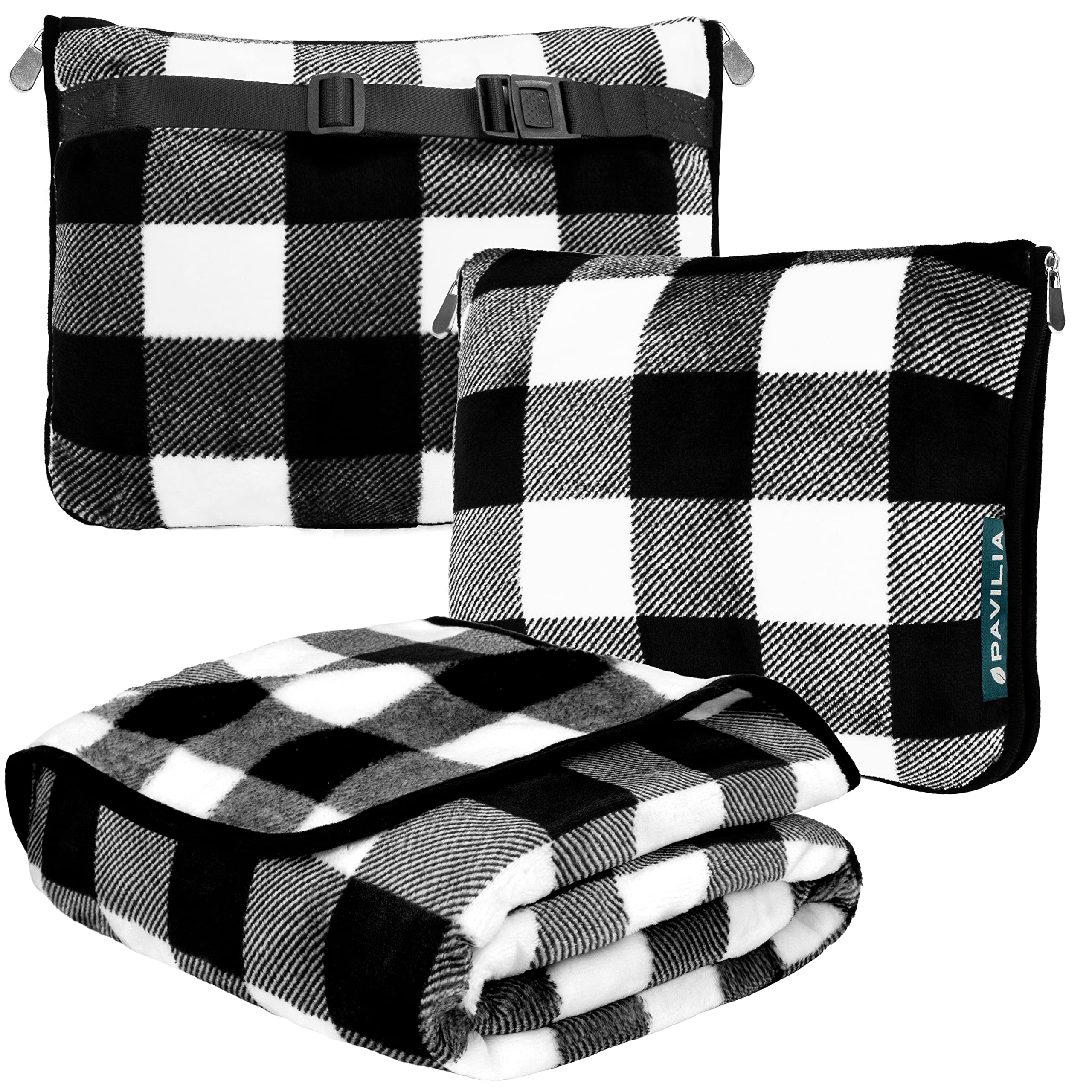 PAVILIA Fleece Travel Blanket Pillow | Large Portable Airplane Blanket with Luggage Strap | 2-in-1 Foldable Blanket for Travel, Use as Blanket for Car, Flight, Work, Camping (Checker White)