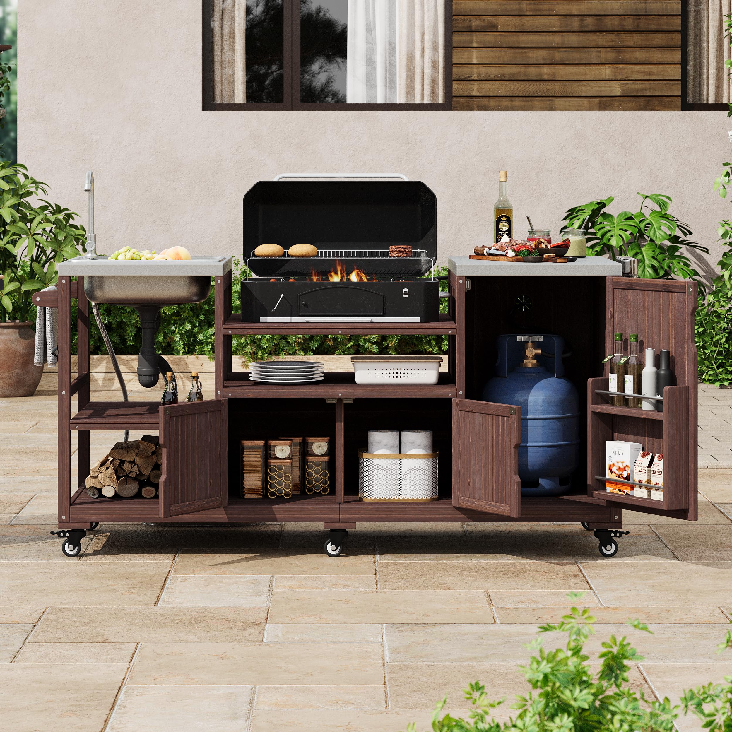 Merax 75.4" Outdoor Grill Table for Big Green Egg, Outdoor Grill Cart with Sink, Solid Wood Grill Station Prep Table with with Stainless Steel Tabletop and Storage for Pizza Prep &amp; BBQ,Brown