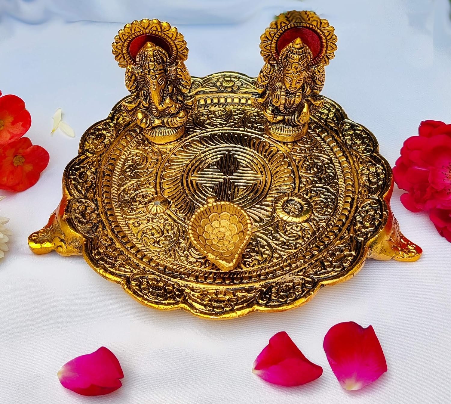 Wonder Care Aluminium Golden Color Plated Laxmi Ganesha Idol with Platter Plate for Puja Diwali Gift Items Deepawali Decorations Indian Dhanteras Pooja Statue Thali (Golden-Large) - Image 4