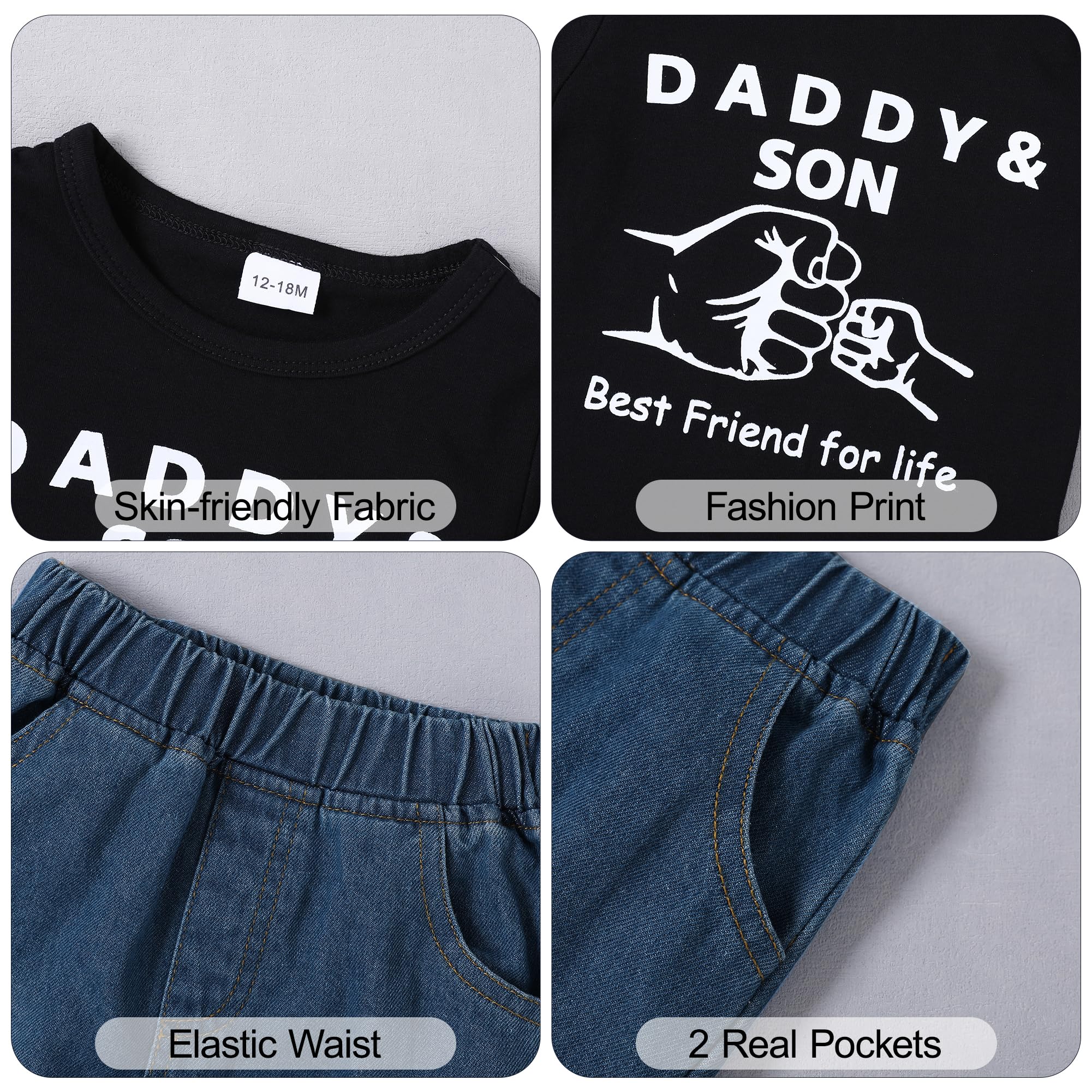 2 Pezzi Bimbo Neonato Completini 1-5 Anni Lettera Stampa Pullover con Cappuccio Top +Pantaloni Jeans Strappati
