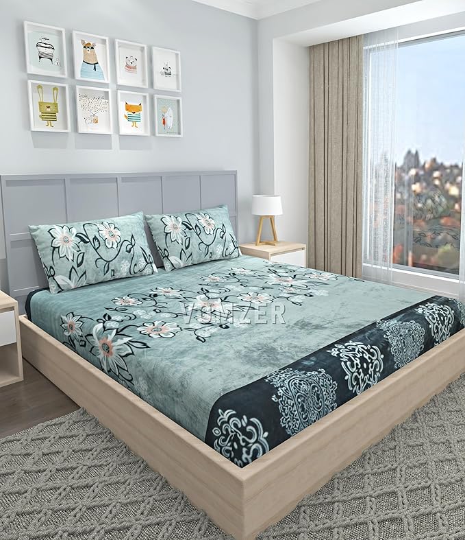 VOMZER Elastic Fitted bedsheets for Double Bed, Fitted bedsheets for King Size Bed with 2 Pillow Covers, Size - 72 x 78 Inches (Flower Aqua)