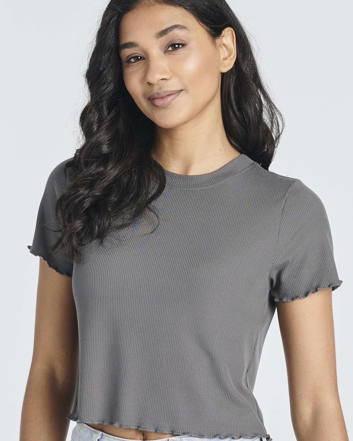 Real Essentials 4 Pack:Women's Lettuce Trim Ribbed Knit Short Sleeve Crop Tops Shirts Casual Summer Going Out T-Shirts - Image 5