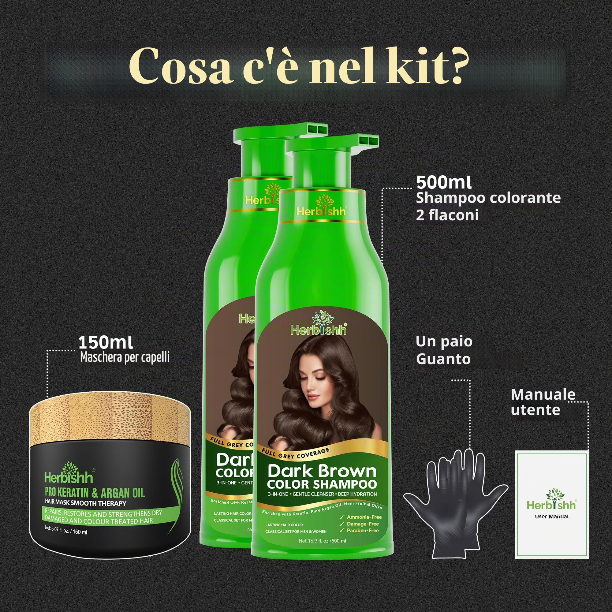 Combo Pack-2pcs Herbishh Hair Color Shampoo for Gray Hair+ 1pc Argan Intense Hair Mask - Colors Hair in Minutes – Long-lasting color– 500 Ml –Stimulates Dry Frizzy Hair (Dark Brown)