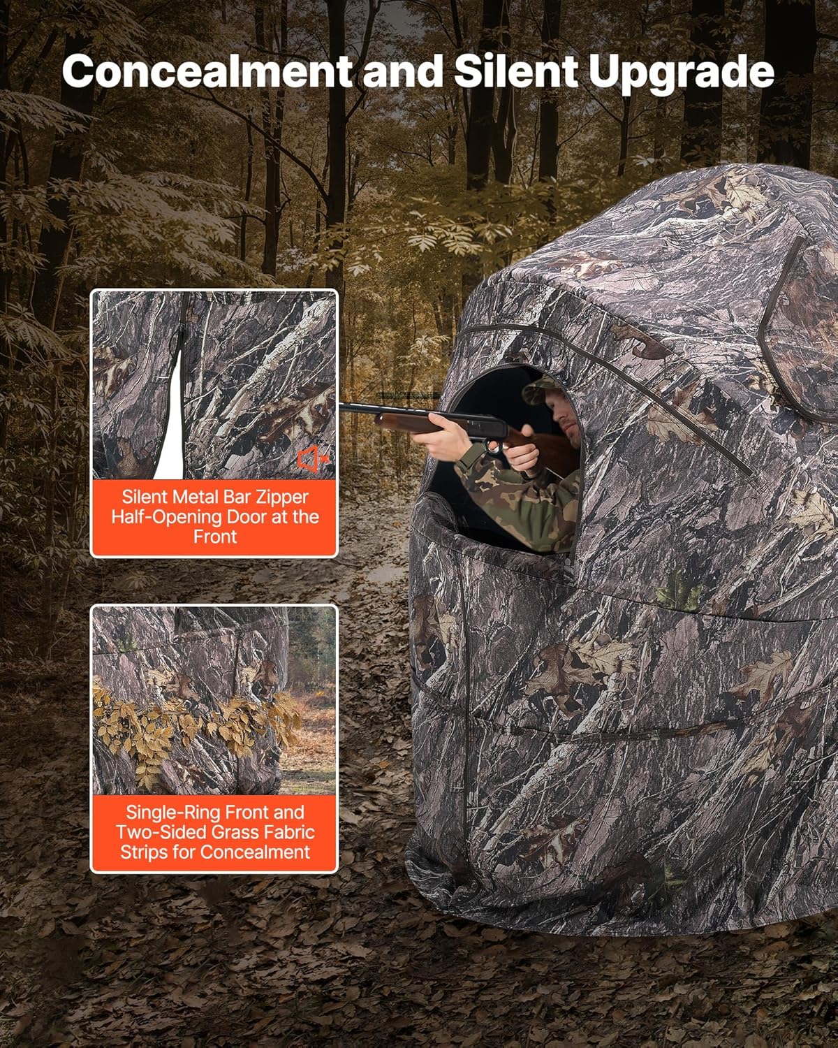 VEVOR Hunting Blind，See Through Ground Blinds with Carrying Bag, 360 Degree Portable Camouflage Tent，Durable Concealed Shelter with Silent Side Door and Window, for Turkey and Deer