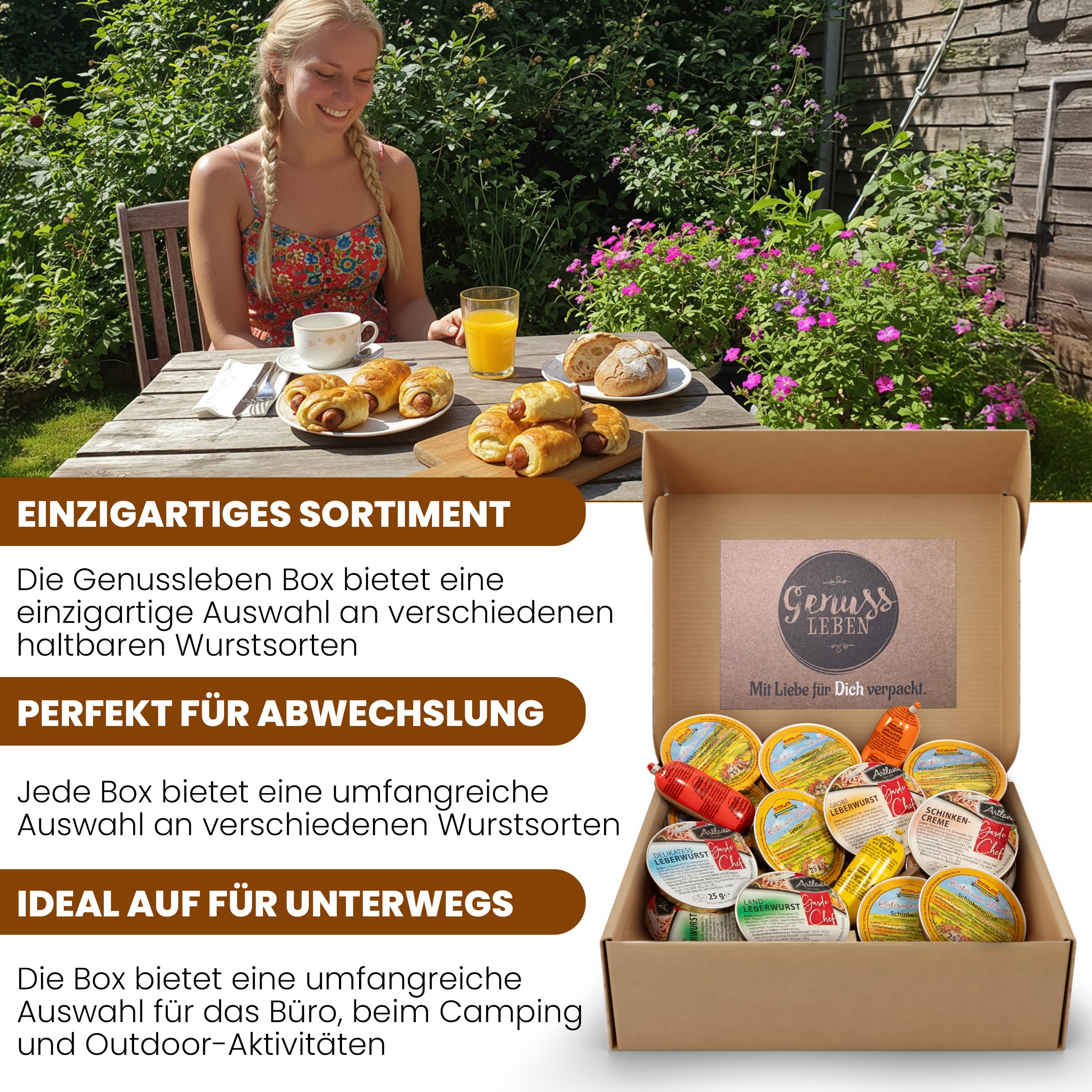 Genussleben Frühstücksbox herzhafte Verführung mit 500g köstlicher, haltbarer Wurst für Camping, Outdoor, Frühstück oder Zelten