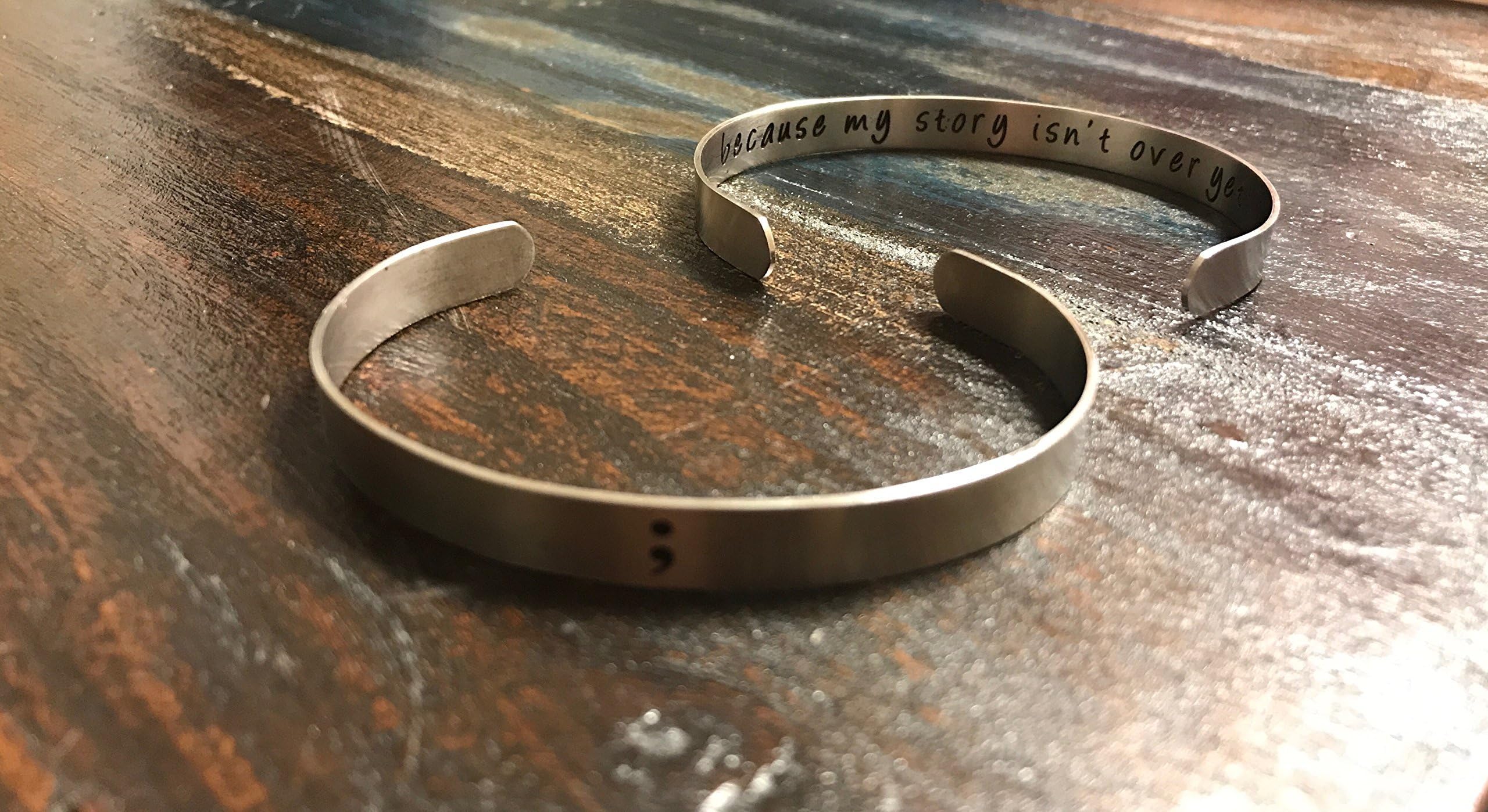 Handmade Semicolon Suicide Prevention - Survivor Cuff Bracelet Crafted by Lovestruck Lulu. Hand Stamped Semicolon Bracelet. My Story Isn't Over Yet Hand Stamped Bracelet.