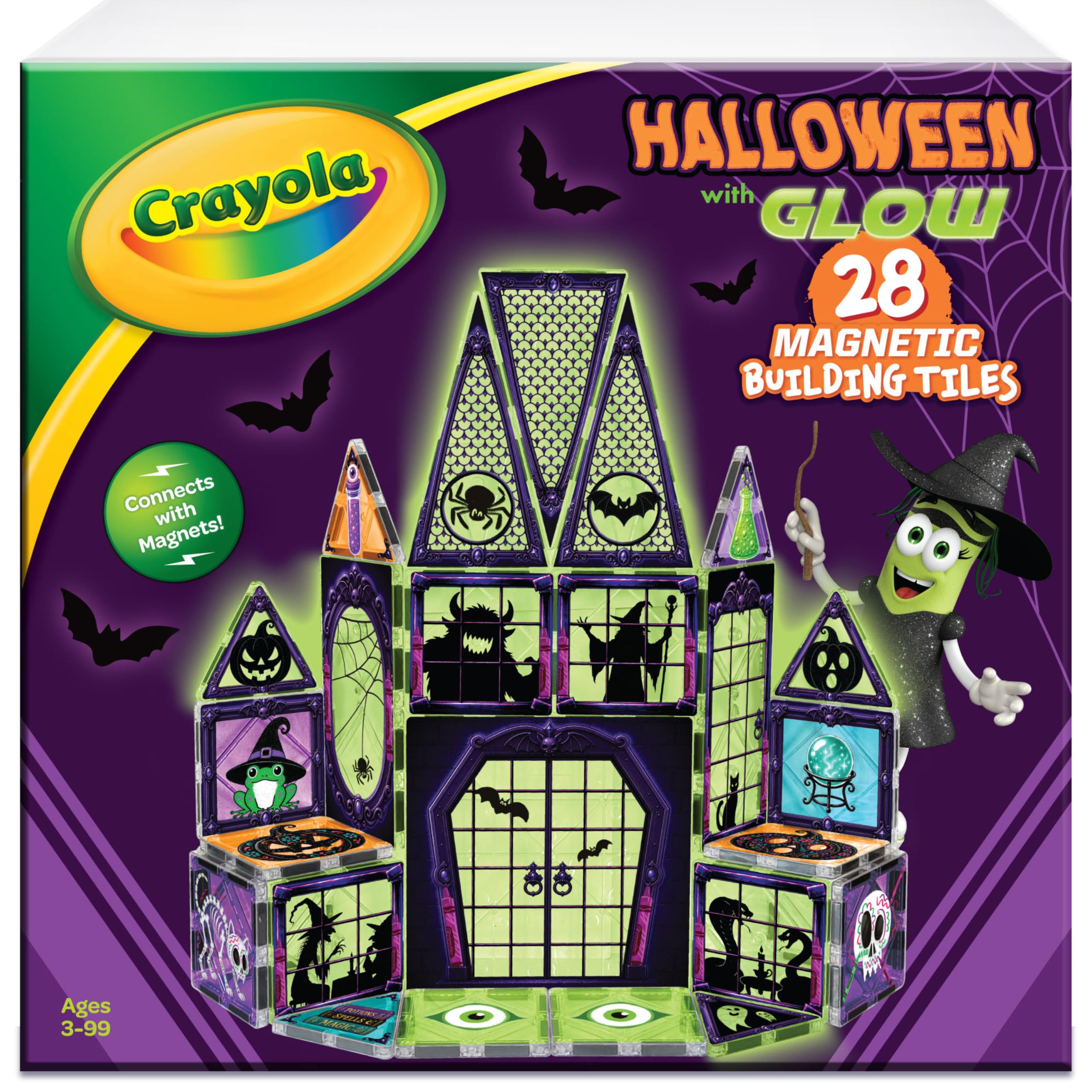Crayola Halloween Glow Magnetic Haunted House Tiles Set, Building Set for Kids, STEM Toys for Boys and Girls Ages 3 and Up, 28-Piece Set