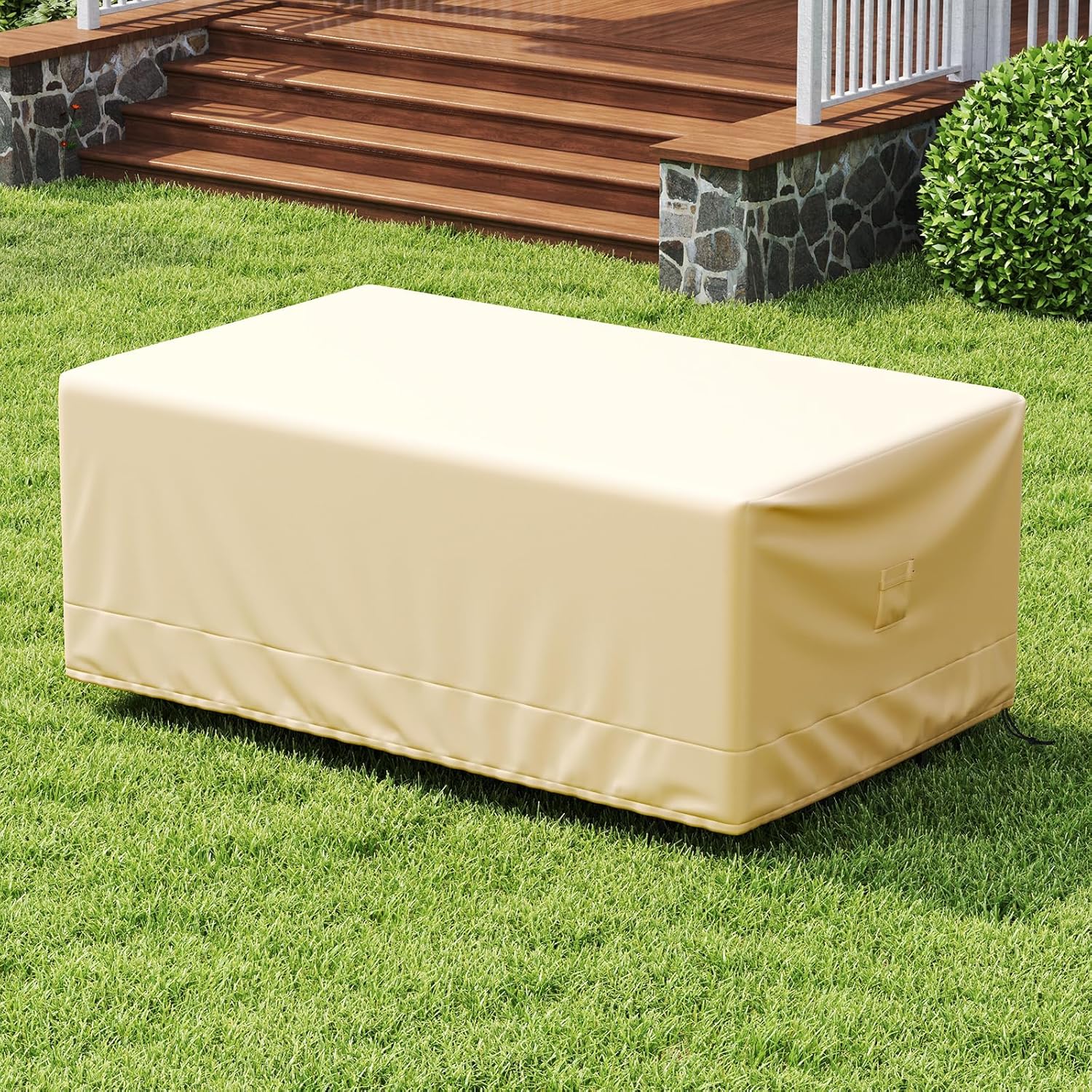 Patio Furniture Cover, Outdoor Furniture Cover Waterproof with Air Vent, Wind Resistant Straps & Handles, Fits up to 90"L x 50"W x 32"H Rectangular Patio Table & Chair Set(Beige)