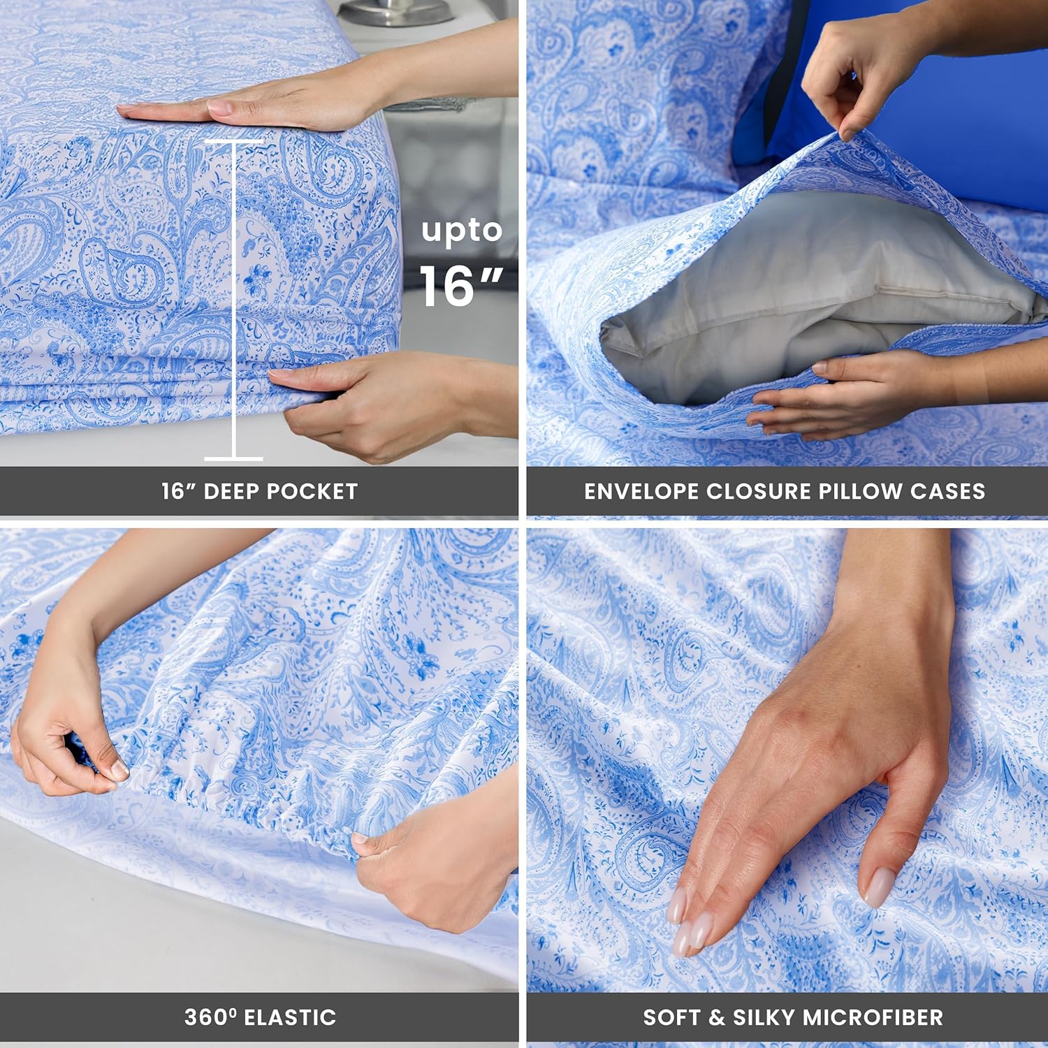 Ultra Soft Wrinkle-Free Microfiber Paisley King Sheet Set, Breathable Boho Bed Sheet Set – 16" Deep Pocket Fitted Sheet, Flat Sheet & 4 Pillowcases, Juegos de Sábanas, OEKO-TEX - White/Blue - Image 3