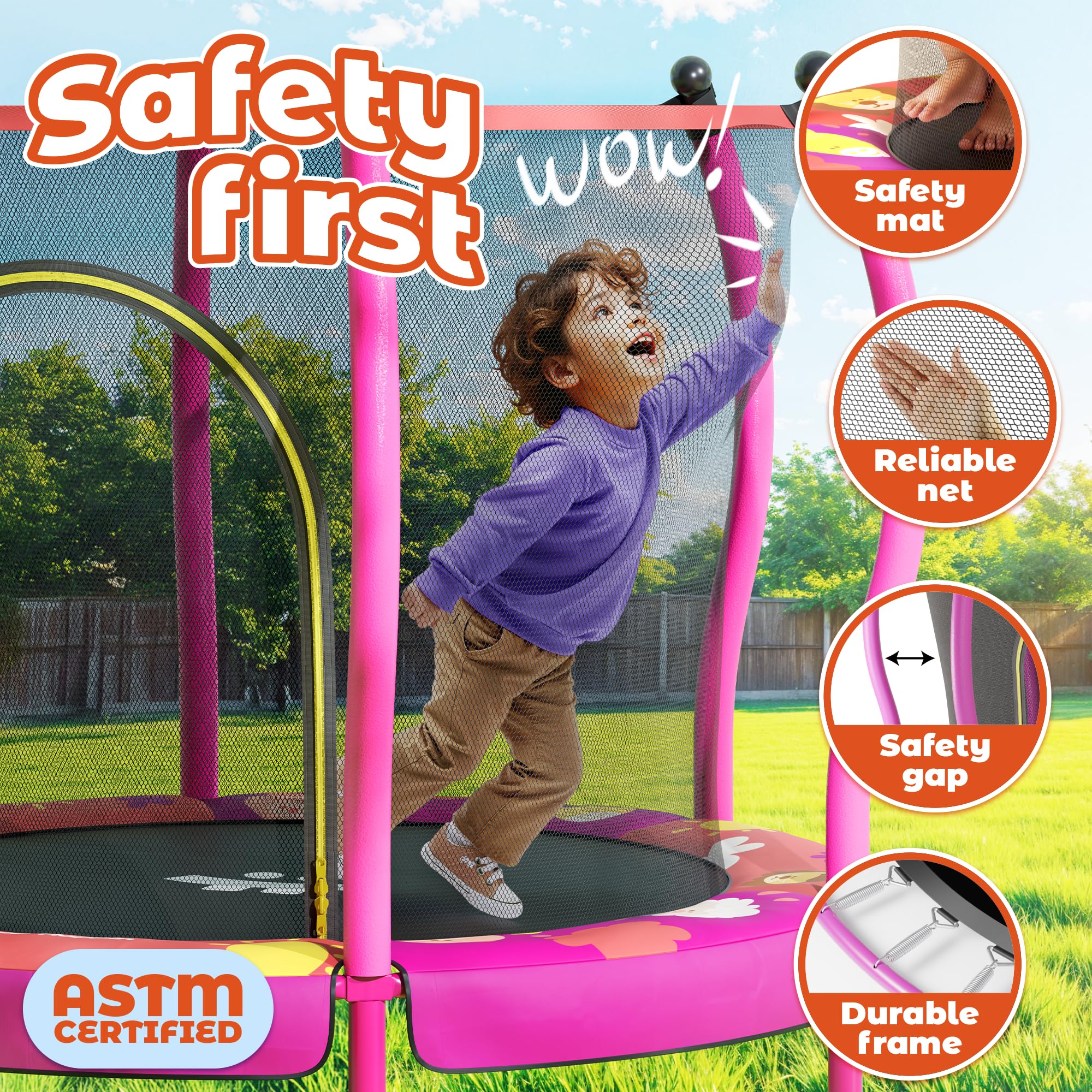Happin 55” Toddler Trampoline Indoor & Outdoor Playset Ages 1-6, 5FT Kids, Ultra Safe Mini Trampoline for Kids with Safety Enclosure Net, Gifts for Birthday with Basketball Hoop