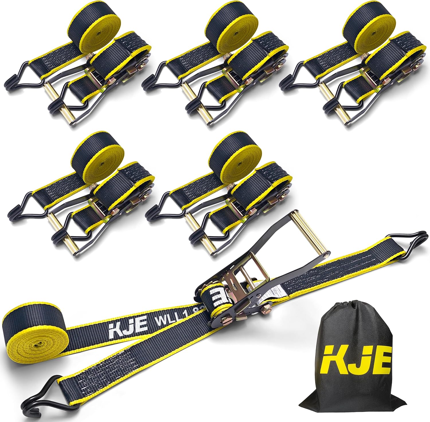 KJE Ratchet Straps Heavy Duty(6 Pack), 2" x 15' Black Ratchet Strap 5,500 Lbs Max Break Strength, Tie Down Ratcheting with J-Hook, Cargo Straps for Truck, Trailer, Moving Appliances