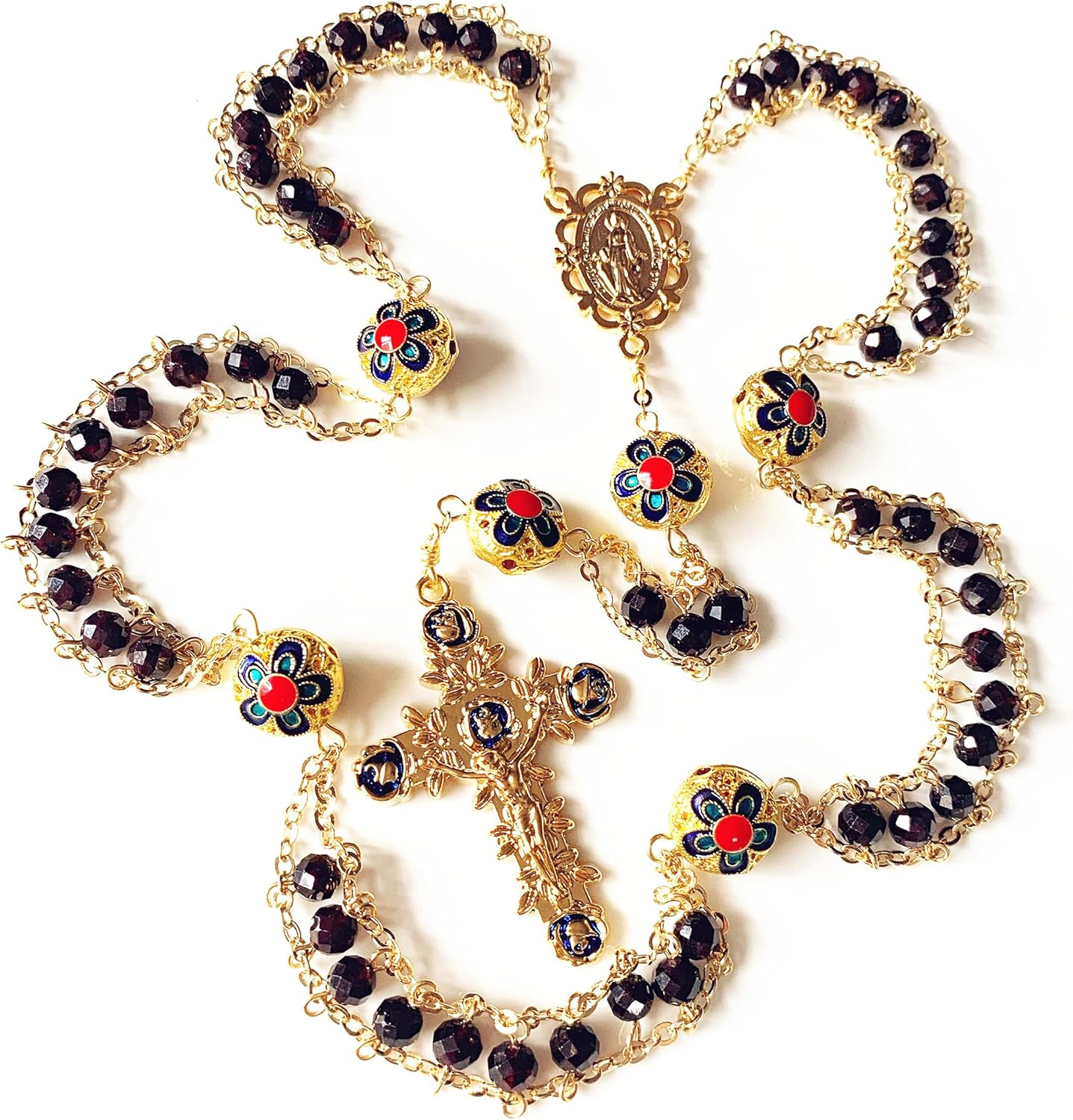 elegantmedical handmade Gold Ladder to Heaven Garnet Beads Catholic Rosary crucifix Necklace box - Image 4