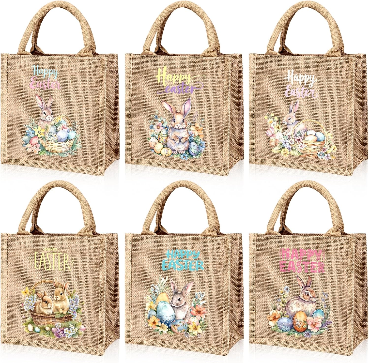 6Pack Easter Gifts Bags Bunny Burlap Bags with Handles Bunny Linen Jute Easter Baskets Large Egg Hunt Candy Gift Tote Ba-gs for Eas-ters Party Favors