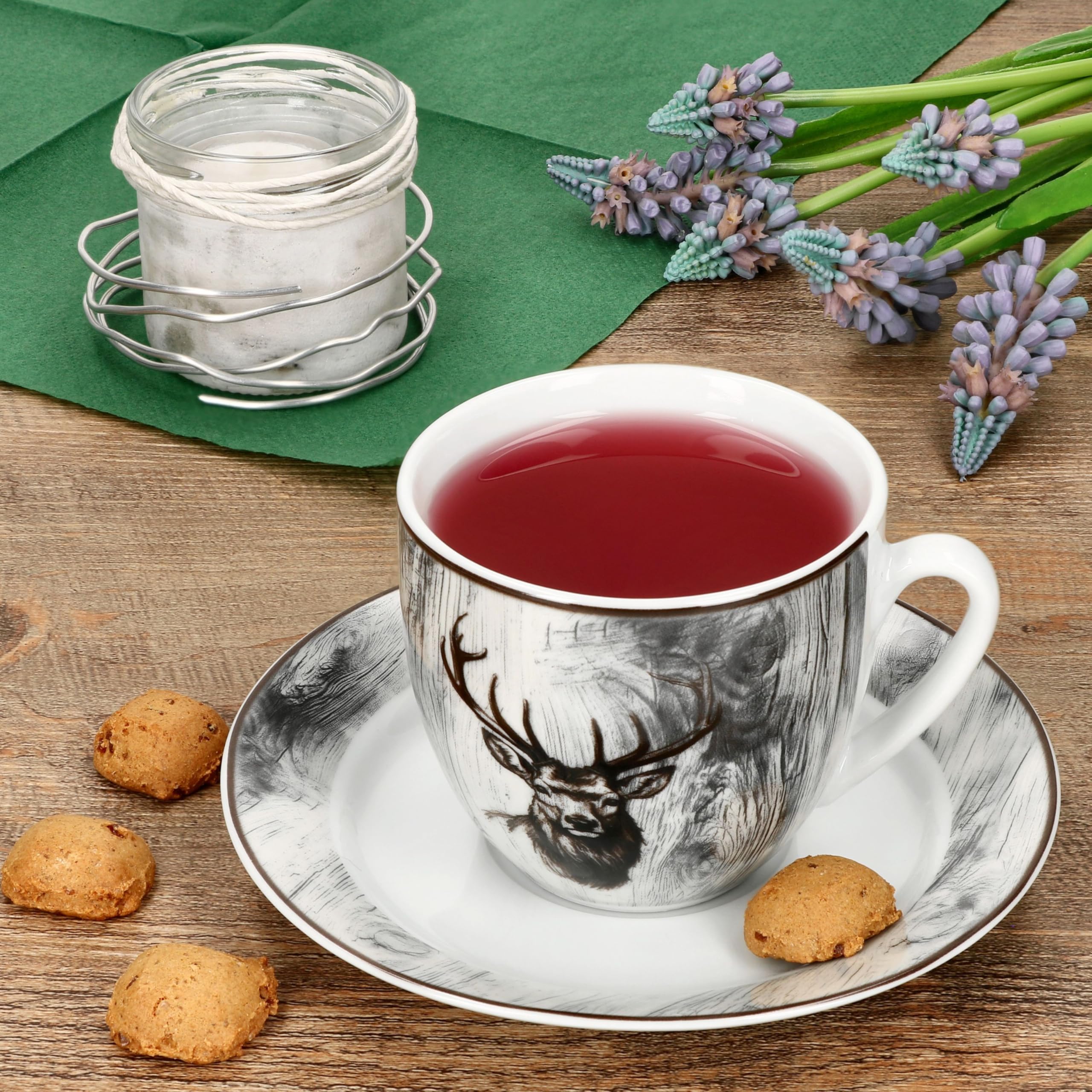 MamboCat Alois Lot de 6 tasses à café avec soucoupes pour 6 personnes I Service en porcelaine avec décor cerf pour le petit-déjeuner et le café I 6 tasses à thé de 200 ml et 6 soucoupes