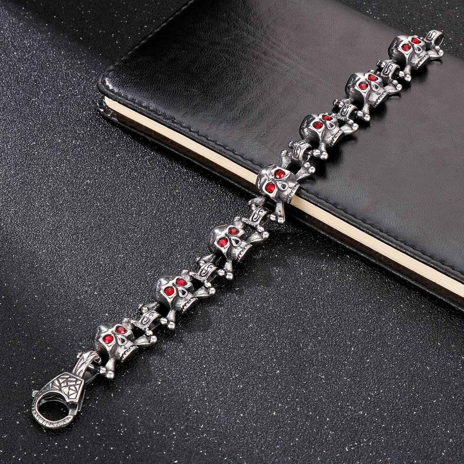 Skull Bracelet Halloween Ghost Head Skull Bracelets for Men with Red Eyes and Crossed Skulls Unique Stainless Steel Hip Hop Gothic Jewelry