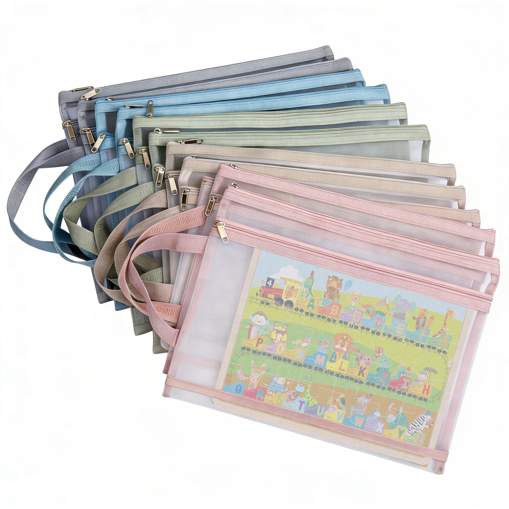 10 PCS A4 Mesh Zipper Pouch Bags, Double-Layer Nylon Mesh Zipper Pouch Storage Bags, 5 Colours Breathable See-Through Storage Bags with Handle, Toy & Puzzle Organiser for School Office Home Games