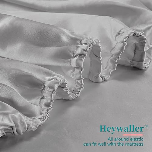 Miniatura 6 de Heywaller Juego de sábanas de satén de 4 piezas tamaño Queen, sábanas de satén gris plateado, sedosas y lujosas, juego de cama suave de bolsillo