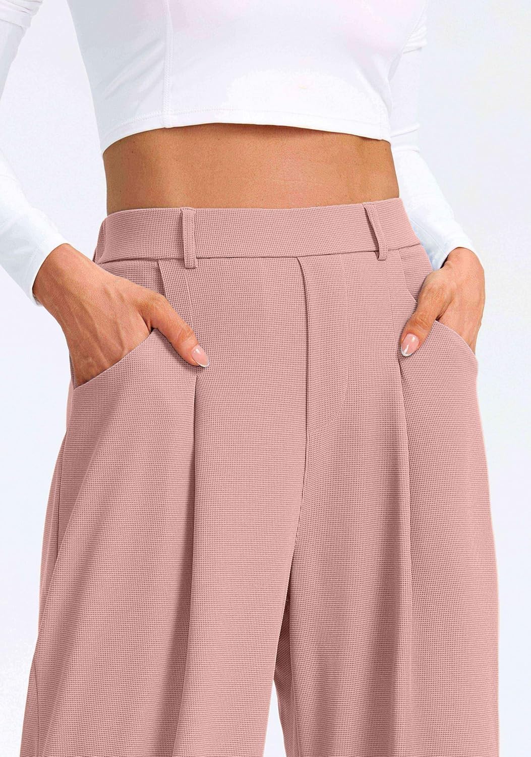 SANTINY Wide Leg Pants Woman Elastic High Waisted Waffle Knit Slacks Business Casual Work Pants Pleated Trousers with Pockets - Image 5