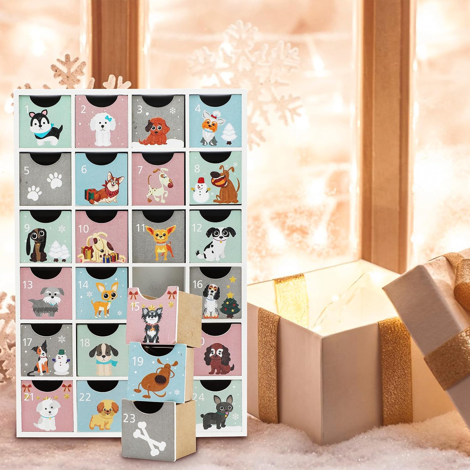 SUNGIFT Wood Advent Calendar with Drawers - Wooden Reusable Advent Calendar with Puppy Designs, Refillable Christmas Countdown Boxes 2025