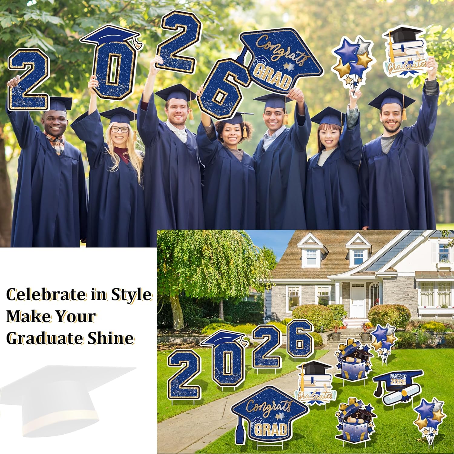 Large 11 PCS Graduation Yard Signs, Class of 2026 Congrats Grad Outdoor Lawn Yard Sign with Stakes, Graduate Yard Decorations for College High School Party, Blue and Gold