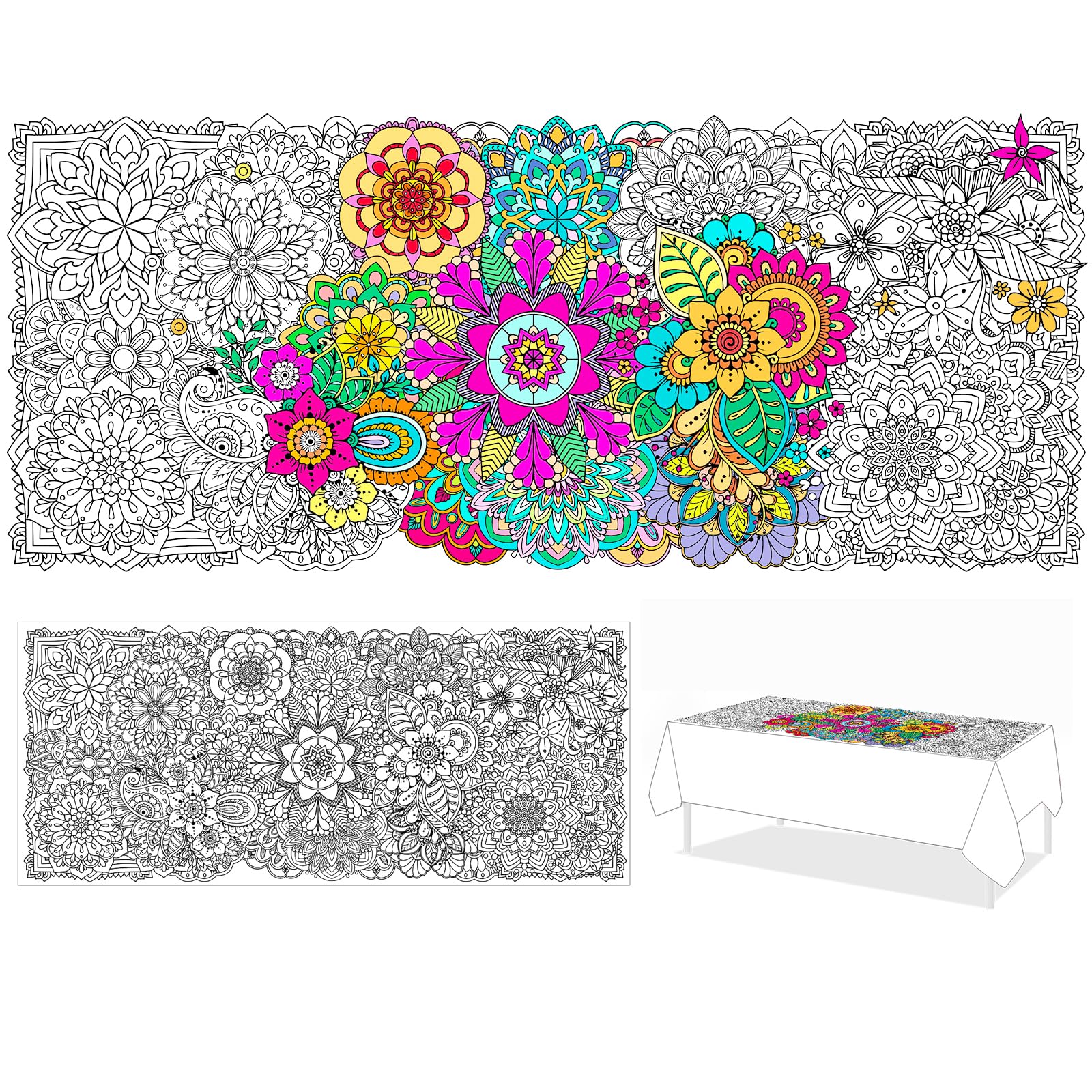 PHOGARY Giant Mandala Coloring Pages, Jumbo Paper Colouring Poster Creative Colouring Table Cloths for Kids Adult, DIY Crafts Birthday Gift Doodle Art, Drawing Activity for Parties Classroom 24" x 55"
