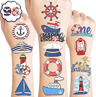 Nautical Pre-cut Temporary Tattoos 8 Sheets 96 PCS Boat 1st Party Decorations Favors Supplies Sailor Nautical Theme Birthday Cute Stickers Christmas Gifts for Boys Girls Class School Prizes Carnival