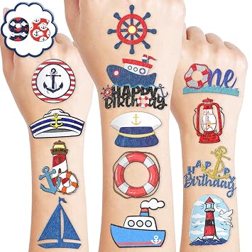 Cute Nautical Pre-cut Temporary Tattoos 8 Sheets 96 PCS Kids | Boat 1st Party Decorations, Sailor Nautical Theme Stickers, Birthday Party Favors, Carnival Prizes, Goodie Bags