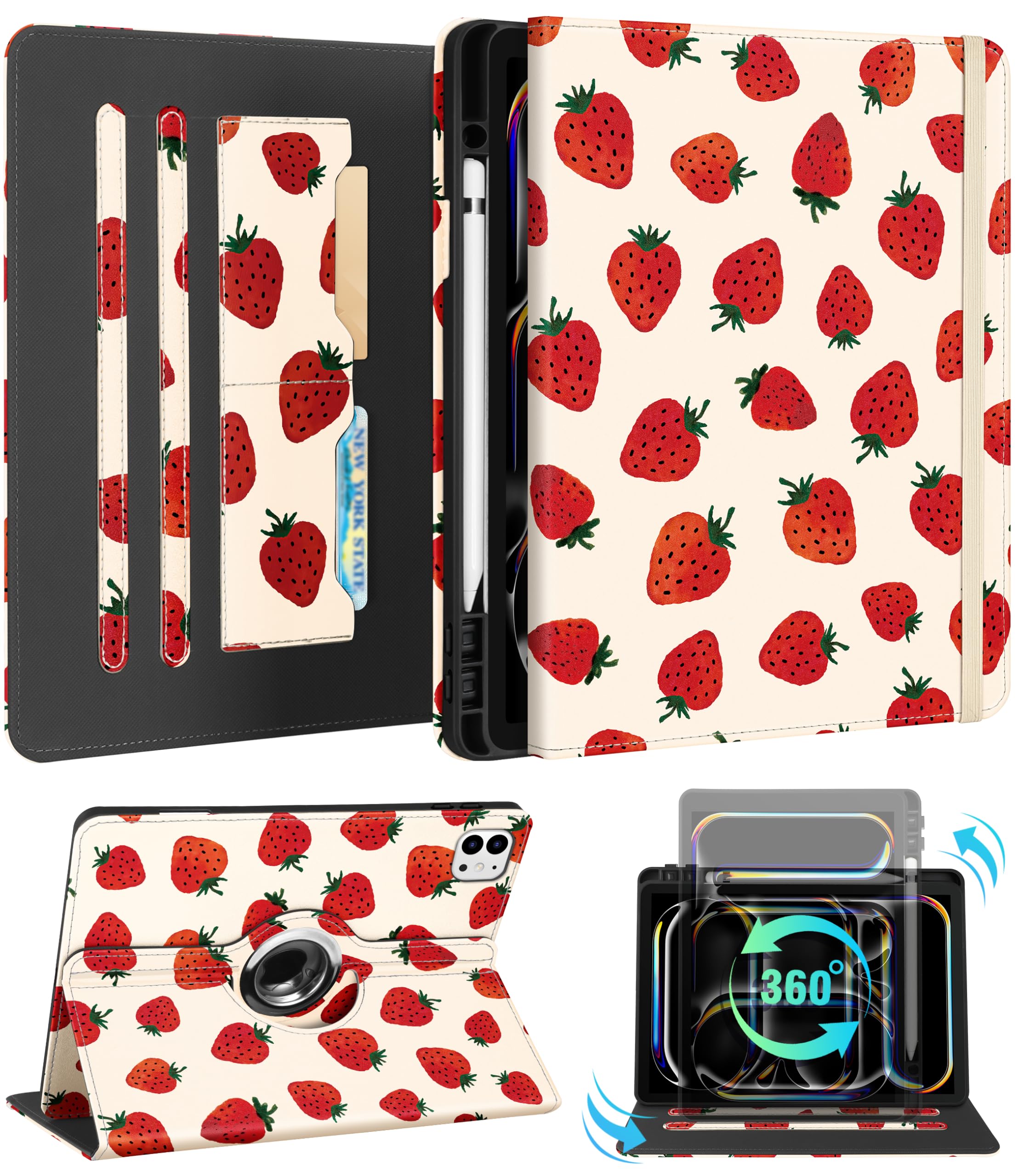 Kidcube for iPad Pro 13 Inch Case M4 2024 - Women Girls Kids Cute Rotating Stand Folio Cover with Pencil Holder & Card Slot Pretty Strawberry Design